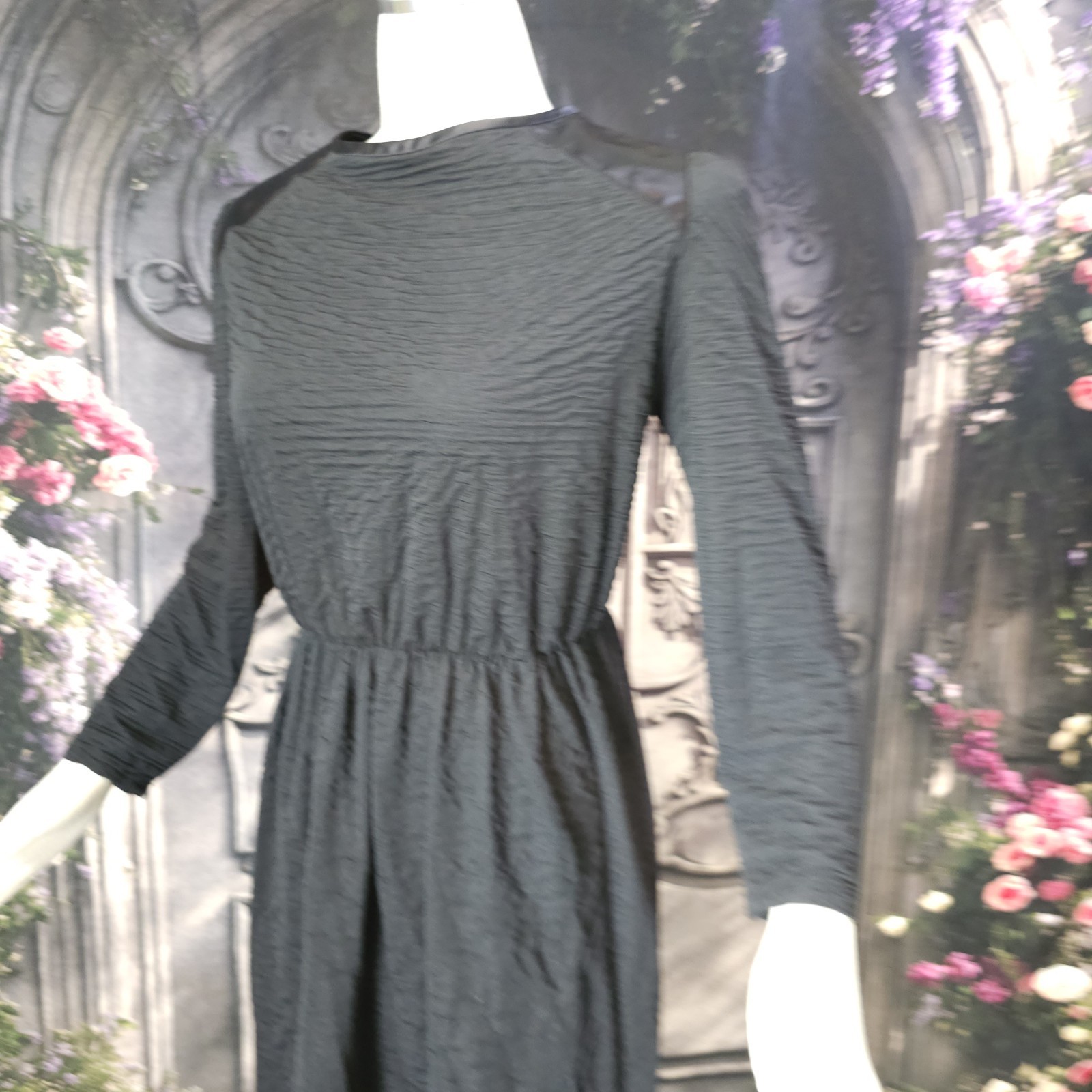 Vintage 1970s Black Dress Textured Fabric Satin Shoulders Long Sleeves