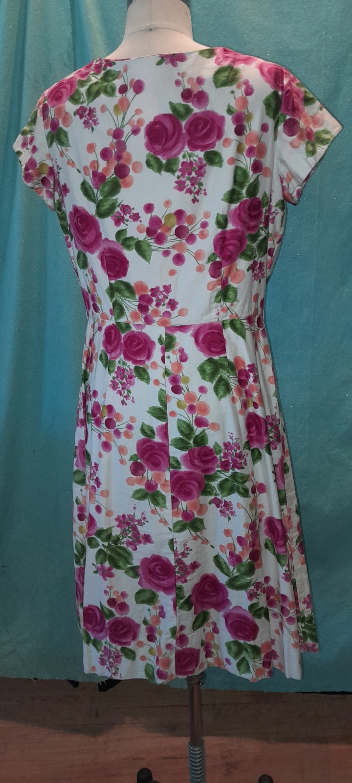 Vtg 50s Cotton Floral ROSE Button Rockabilly Casual Day Pin Up Marilyn Dress M L