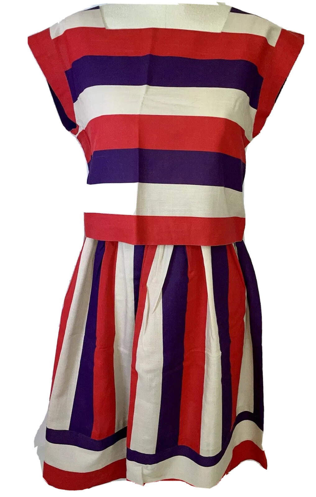 Vtg 60’s 70s Crop Top & Skirt Set Handmade OOAK Striped Red White Purple S 4 6