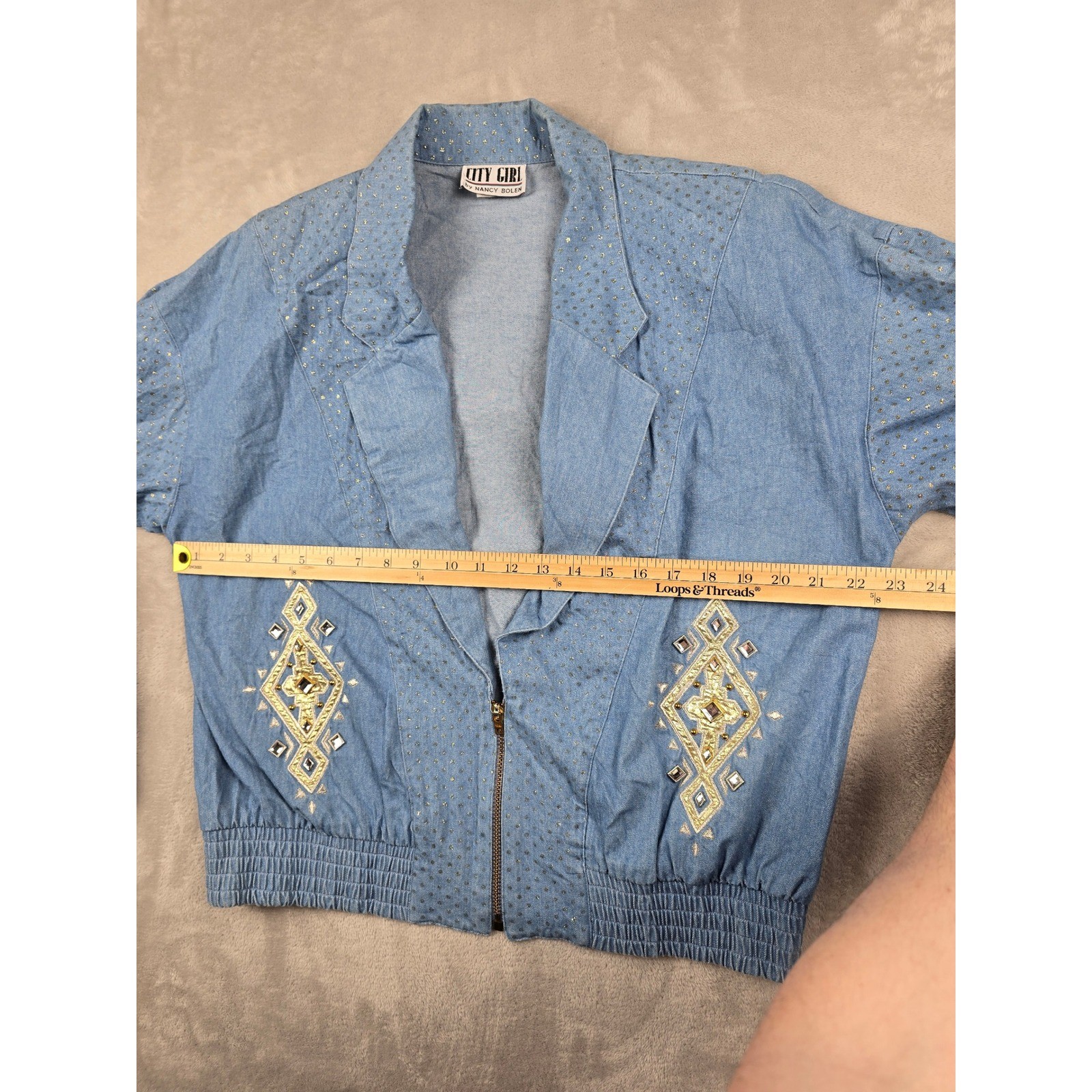 Vintage City Girl Blazer Womens L/XL Blue Gold Studded 80s Talon Zip *Read