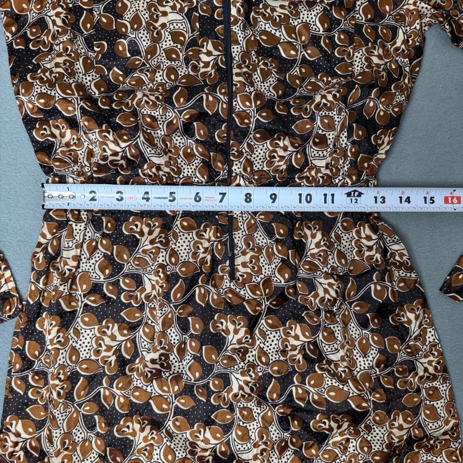 Vintage 70s Whistle Stop Shirt Dress Zip Front Leaf Print Brown Boho S/M