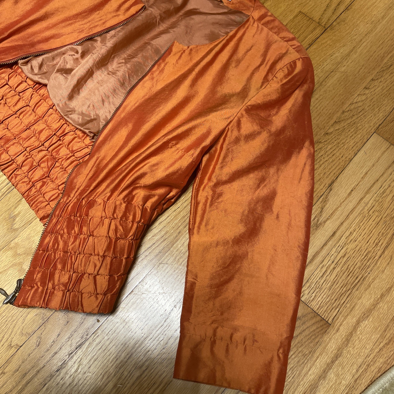 Vintage Singh S. Madan Silk Bronze Orange 100% Silk Bomber Jacket US 4 Small