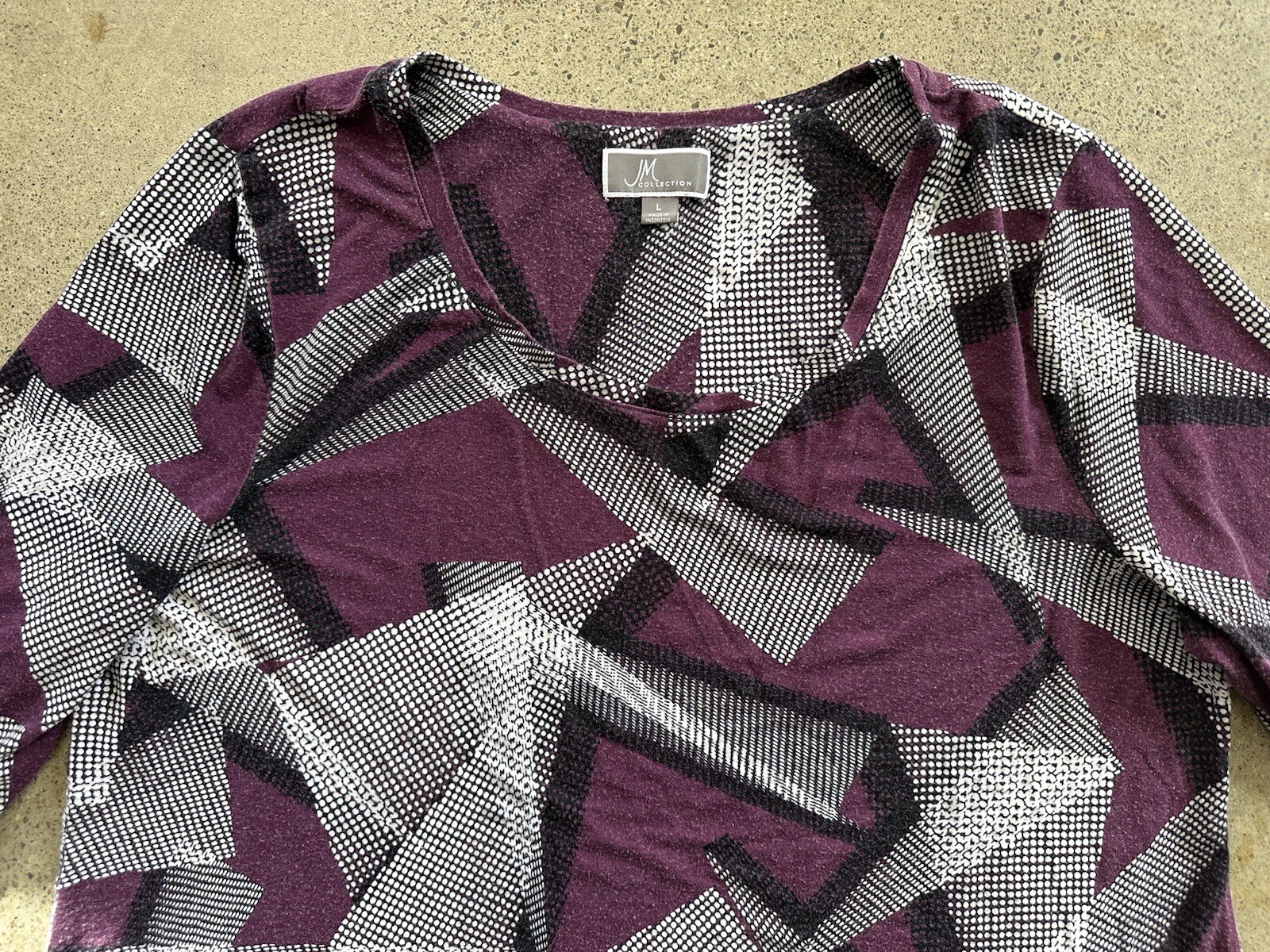 Vintage JM Collection White Purple Rayon Blend Geometric Triangle Shirt Size L