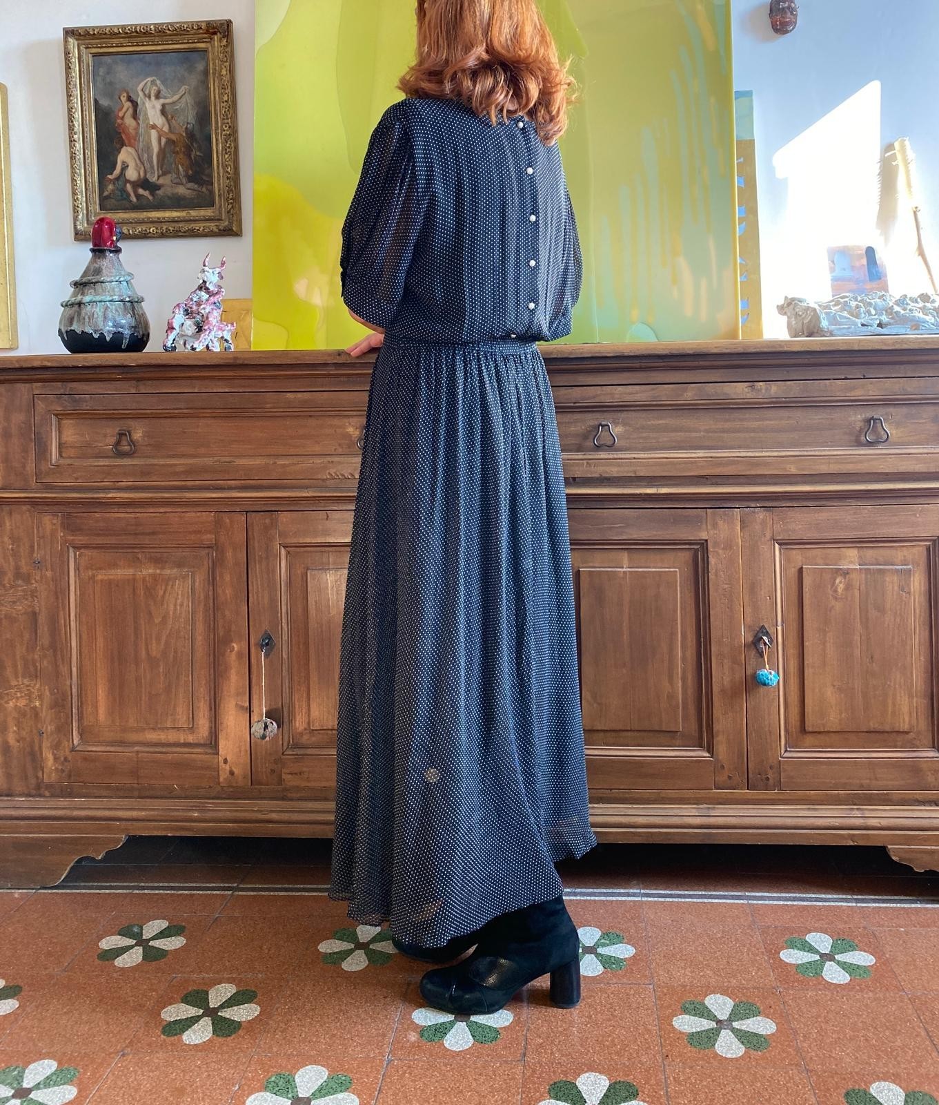 Nancy Johnson Vintage Silk Polka Dot Voile Long Dress Size 44