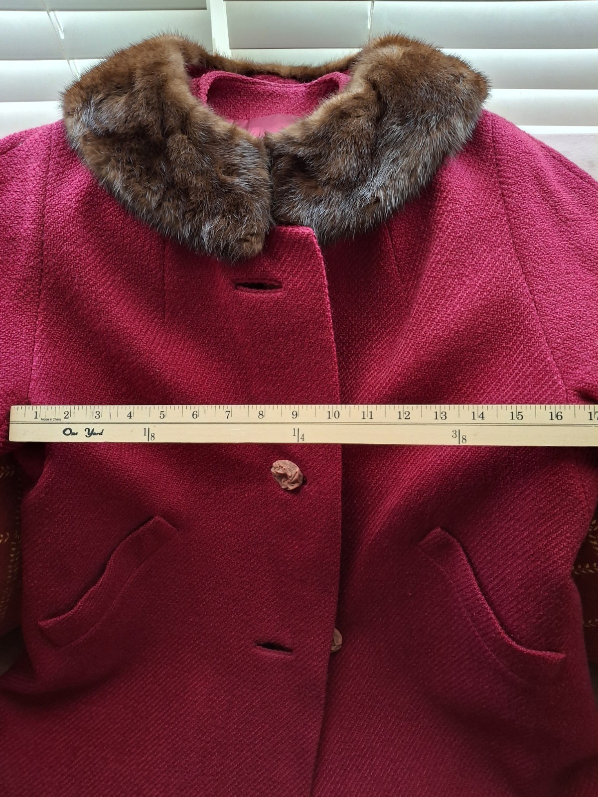 Vintage 50s/60s Sycamore Women’s Magenta Wool Coat Bracelet Sleeves Fur Collar