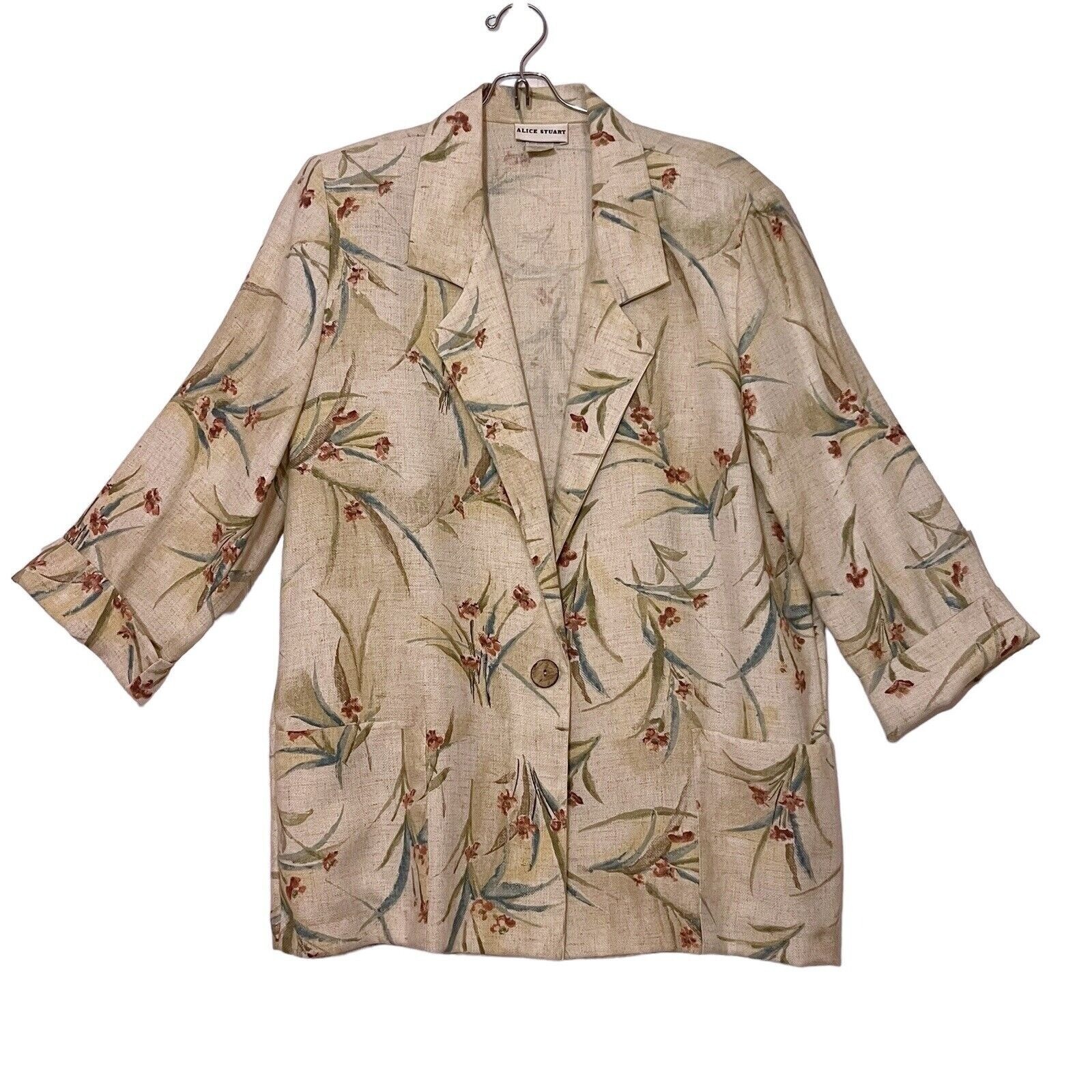 Vtg Alice Stuart Floral One Button Blazer women’s sz medium beige grandmacore