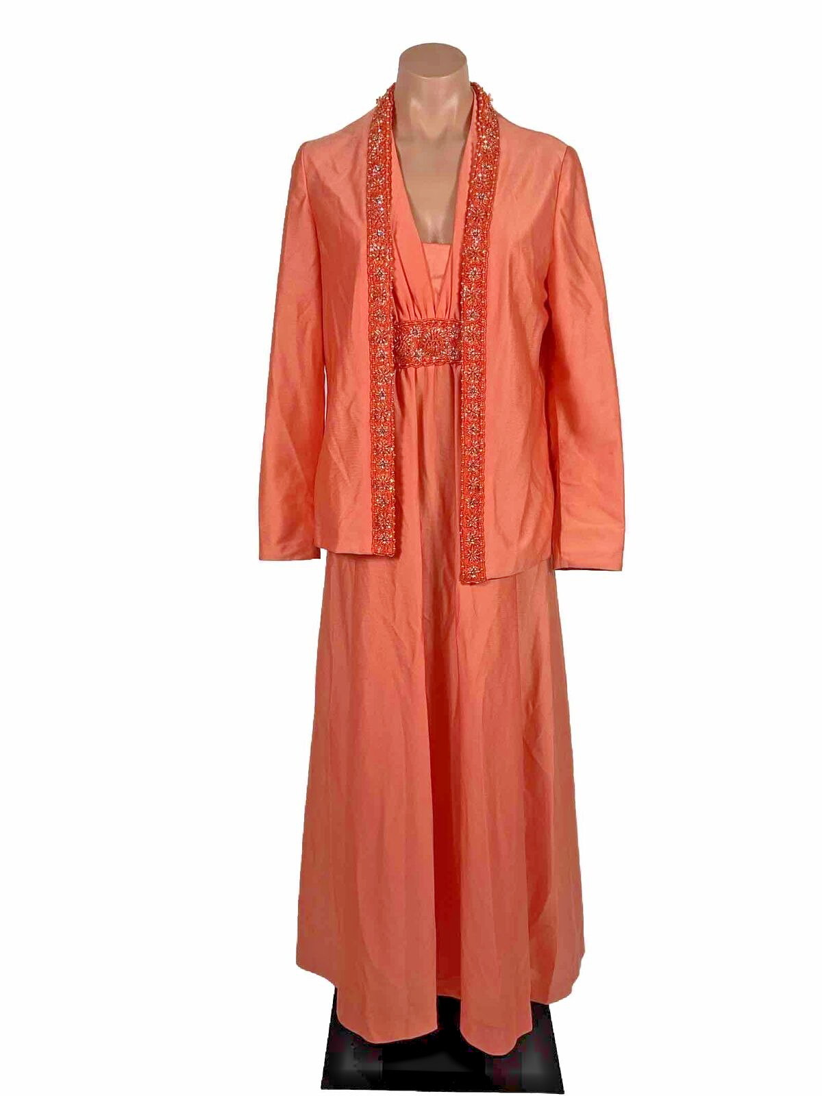 Vintage 60s 70s Melon Orange Floral Beaded Goddess Maxi Dress Gown Shawl 2pc