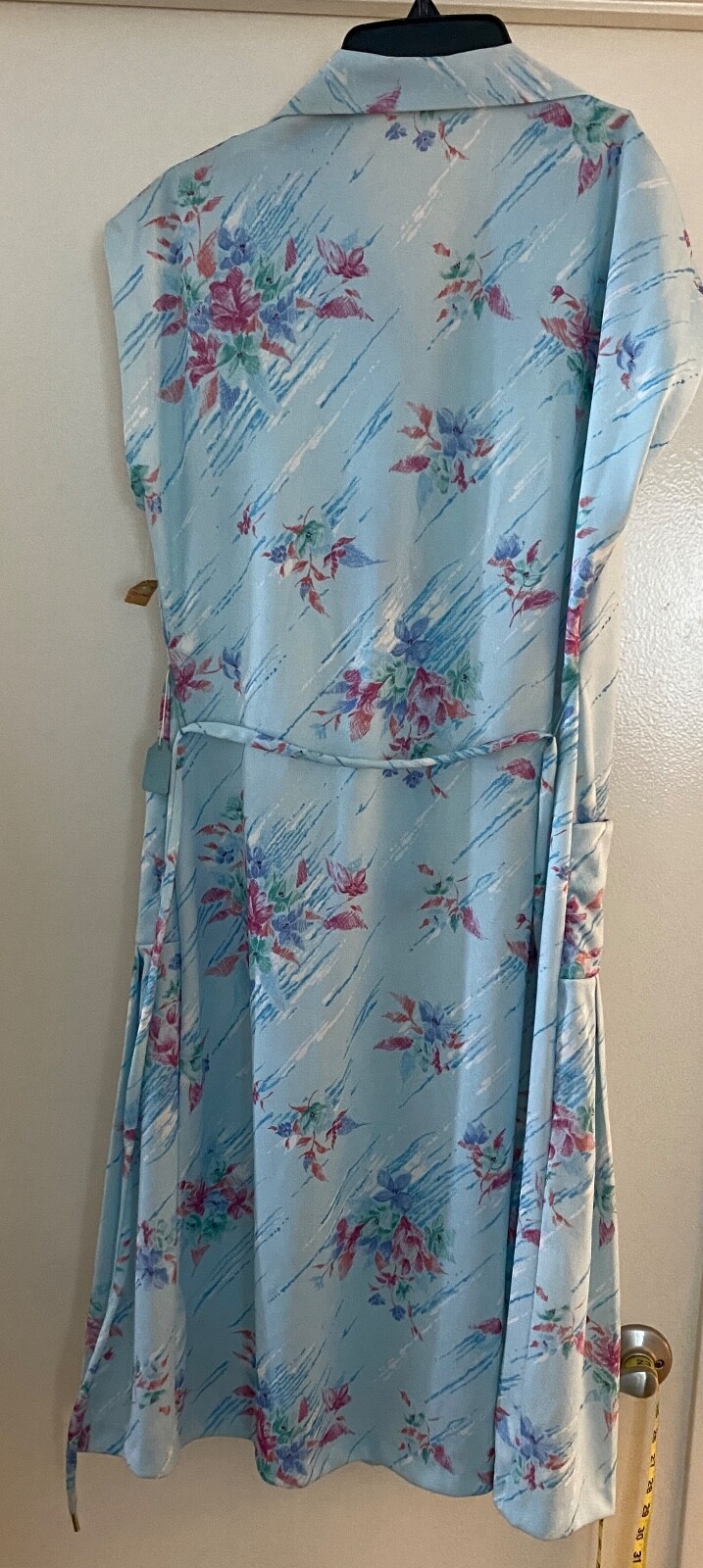 VTG 70s House Dress Women Floral Vneck Collar Button Tie Waist Blue Pink Floral