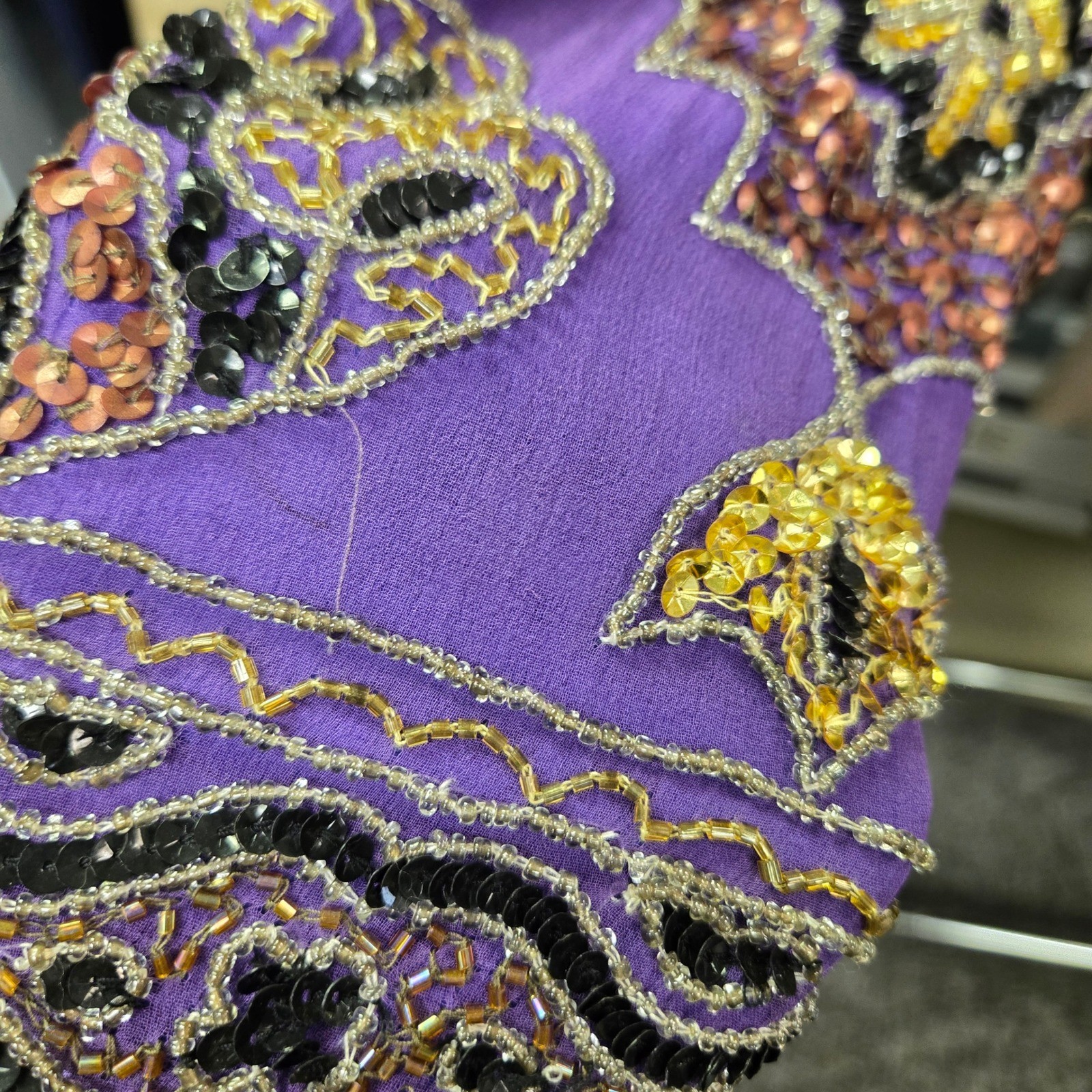 Vintage Beaded Silk Jacket Maximalist XL Purple Sequin Open Festival Art Deco