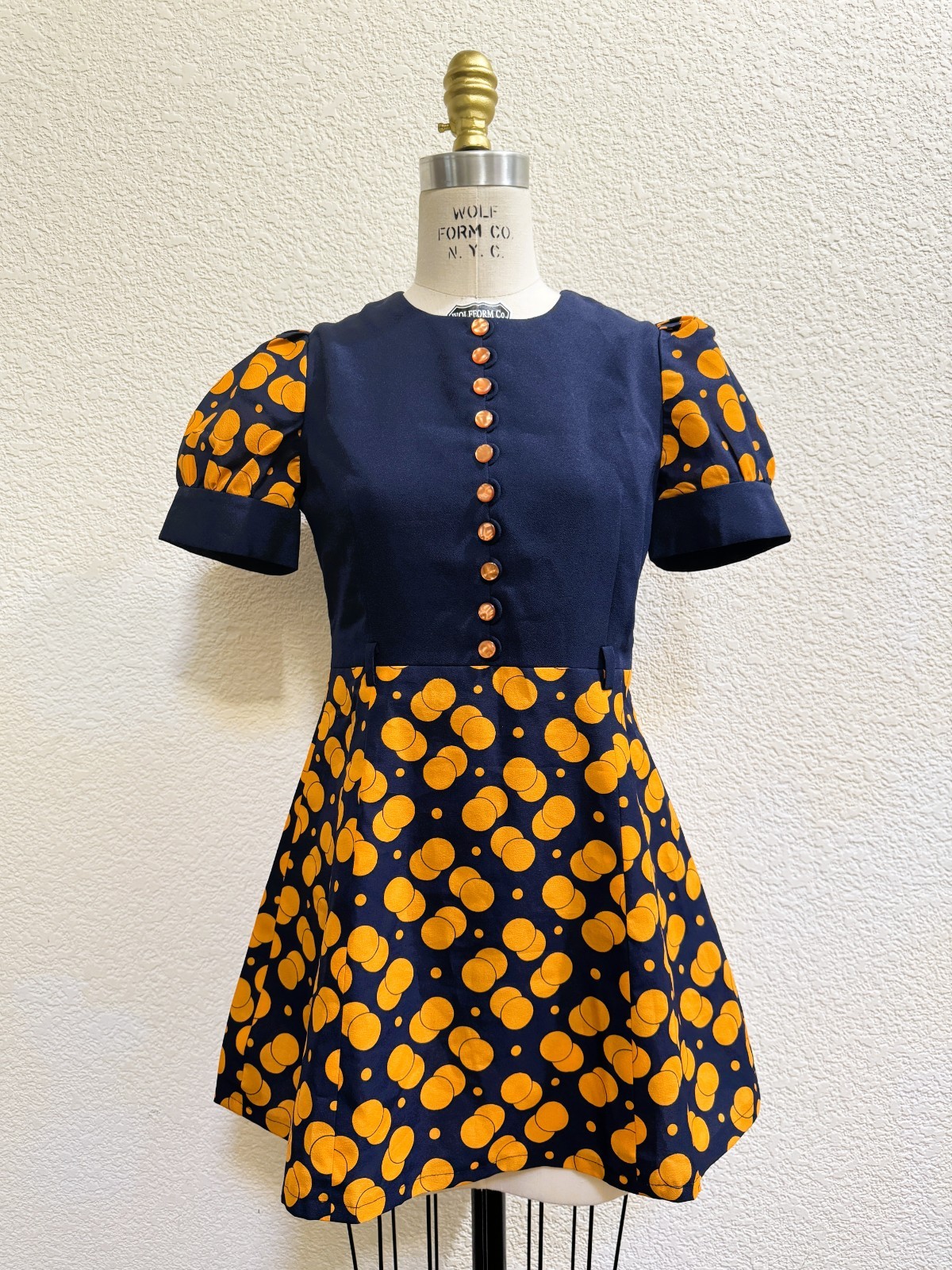 Vintage 1960s Puff Sleeve Navy Blue and Orange Micro Mini Dress Size Small S