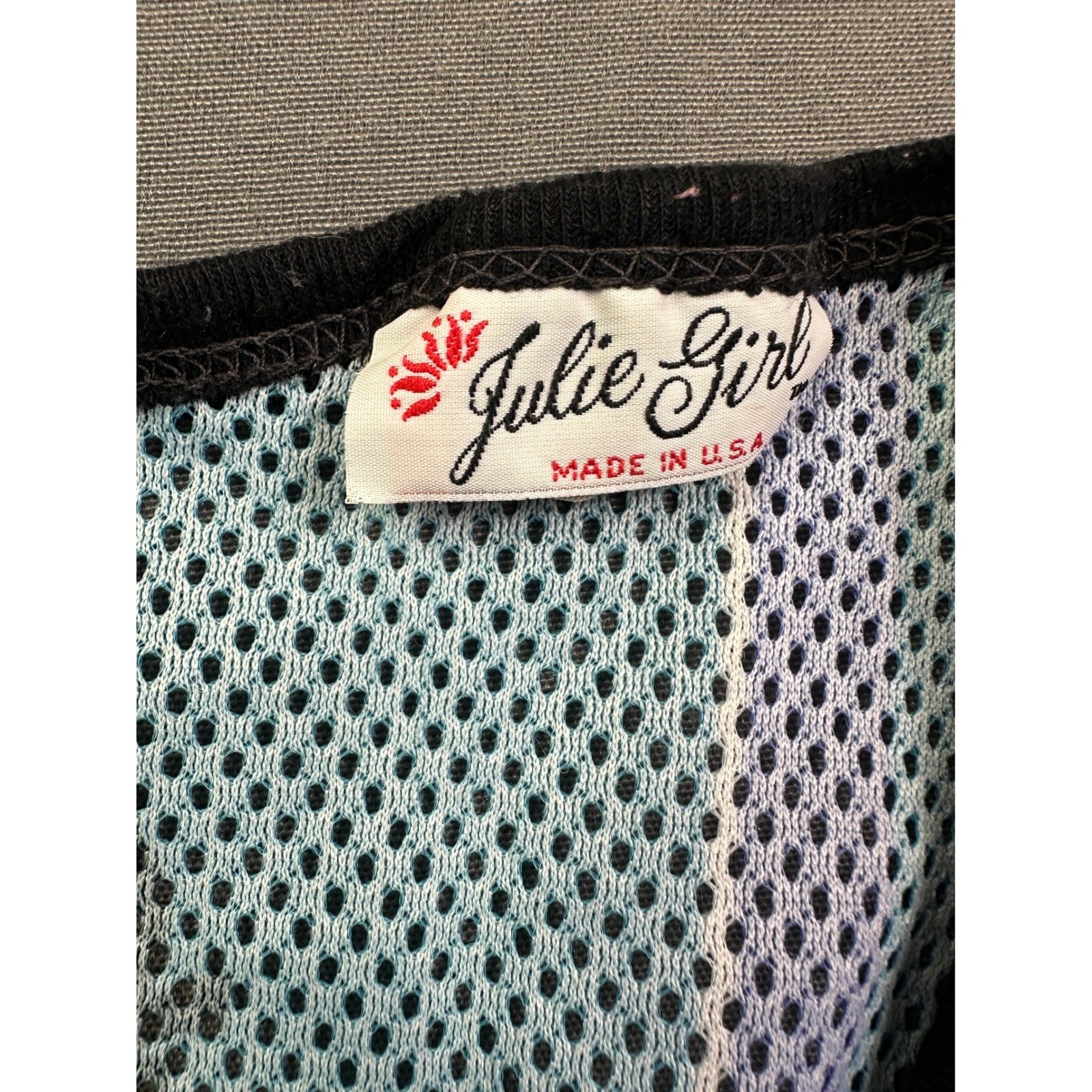 Vintage Julie Girl Mesh Butterfly Stripe V-Neck Top Made in USA Retro 90s Teal