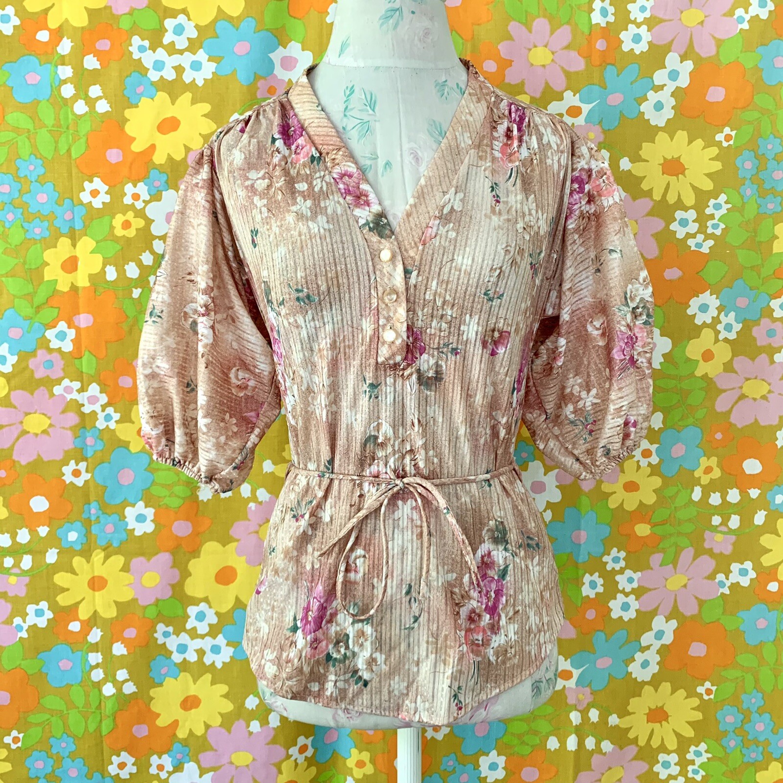 vintage 70s boho floral balloon sleeve peasant blouse S/M