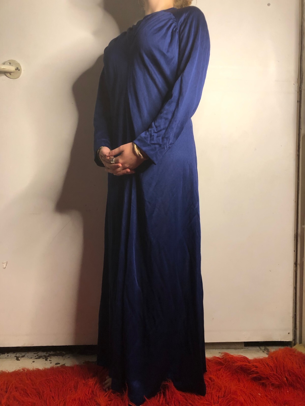 Vintage 1970s US Papillon Navy Blue Maxi Dress Polyester Grannycore AU 12 14 40″