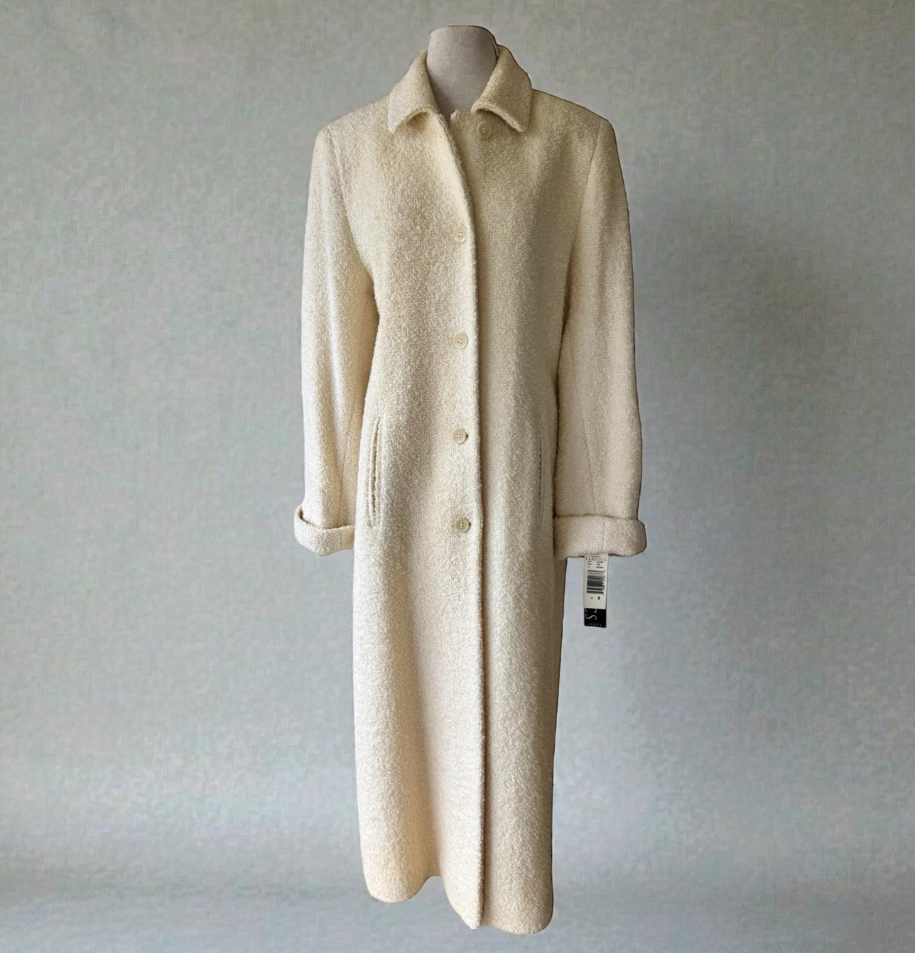 Vtg Anne Klein Classics Cream Wool Bouclé Long Coat Sz 8 Deadstock NWT