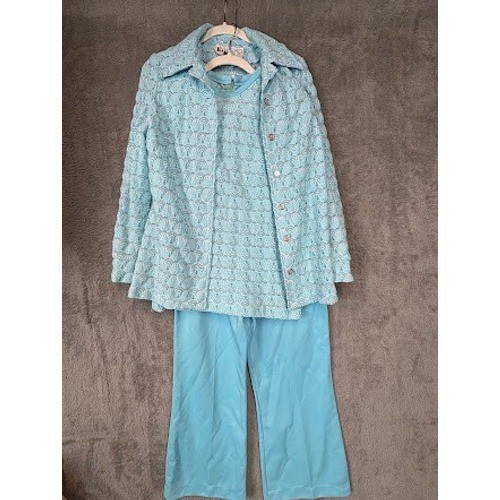 Vintage Marty Gutmacher 70s 3 Piece Set Blue Lace Knit Jacket Shell Pants Suit