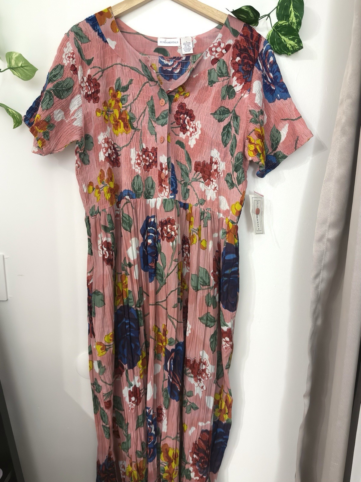 Vintage Pink floral dress midi Dress 100% cotton Cottagecore Large