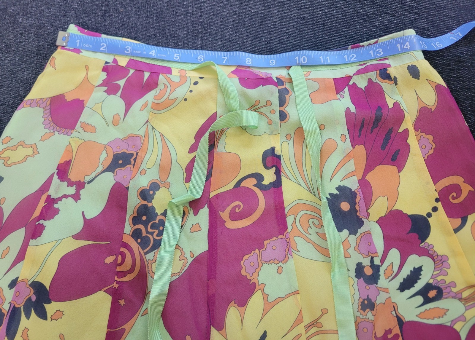 Vintage 90s Y2K Psychedelic Knee Length Skirt Silk Floral Bright Mod Gogo 10 M/L