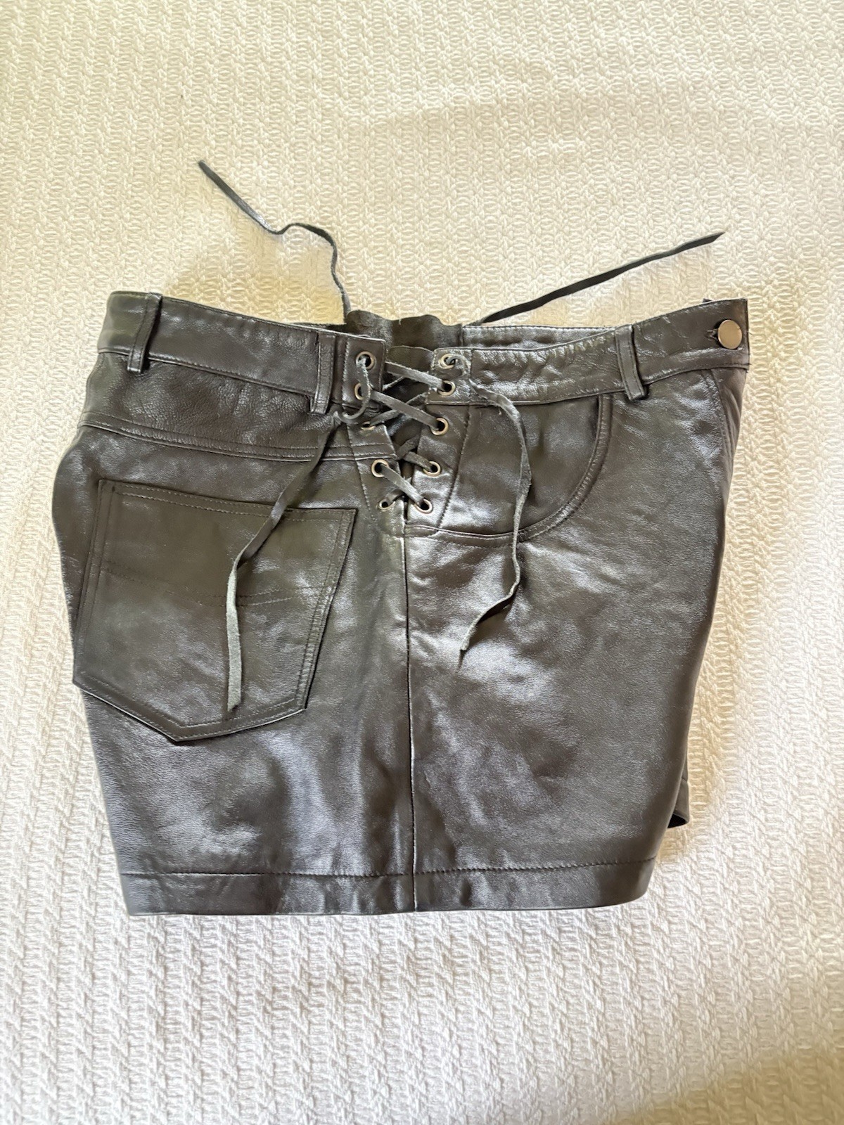 Vintage 80s Classic Black Leather Lace Up Shorts Goth Biker Rocker Metal Sz 10 M