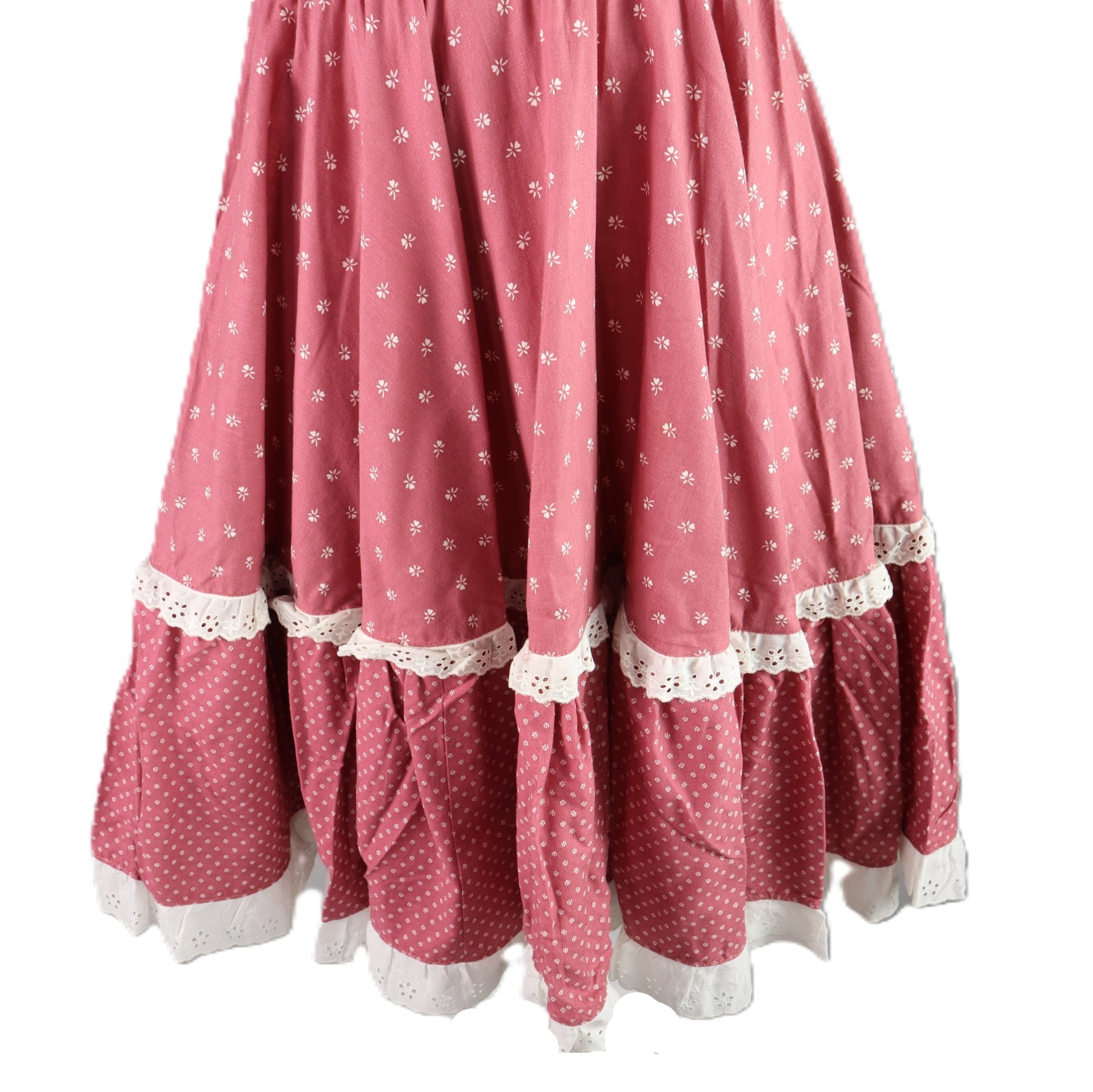 VTG 60s 70s US 2 4 6 8 S M Square Dance Prairie Ditzy Print Lace Midi Dress Pink