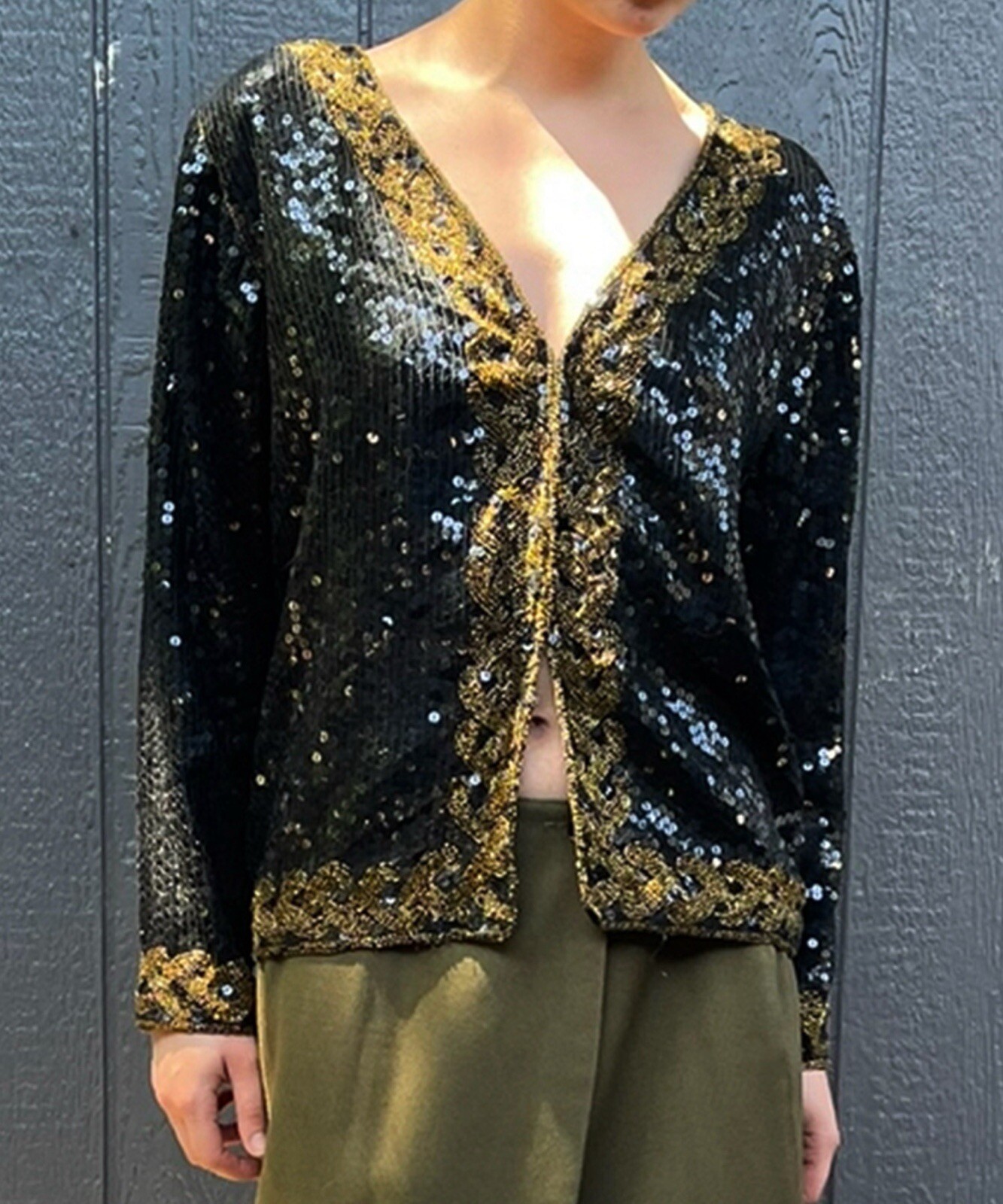 Vintage 70s Jean for Joseph Le Bon Sequin Jacket Black Gold Beaded Silk Medium