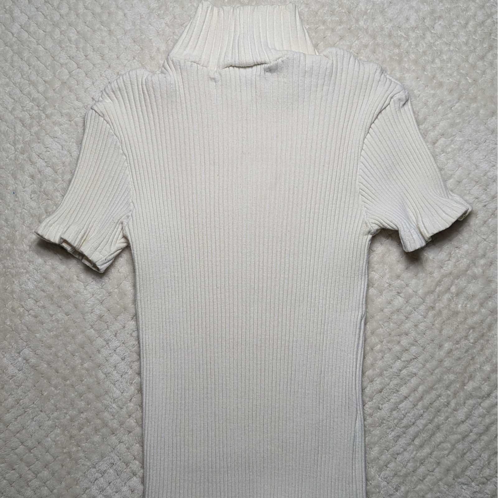 Express Tricot Vintage 90s Mock Neck Sweater Top Cream Cotton Ribbed Short S XS