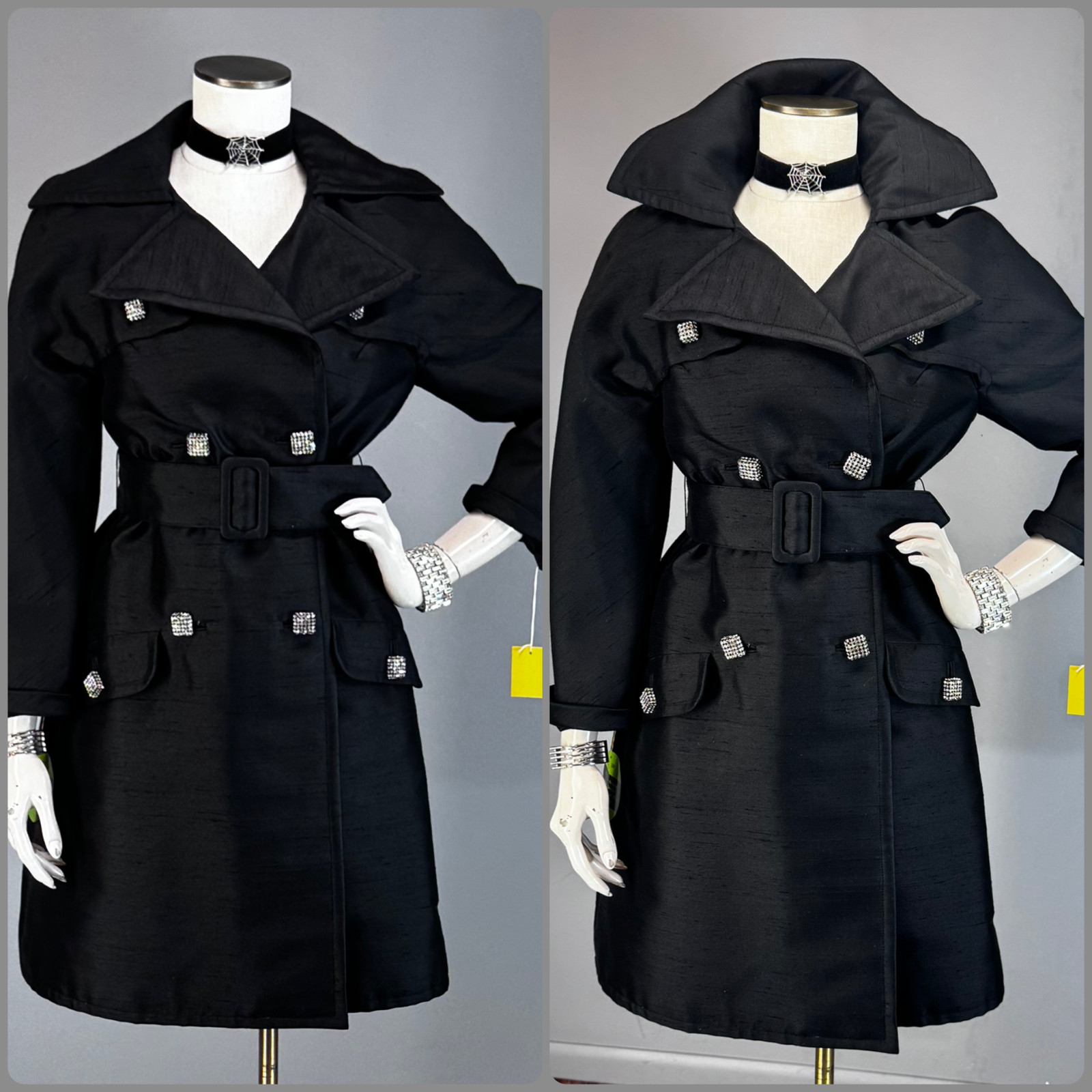 Vtg Coat 60s MOD Trench Wool Silk 3D Square Rhinestone Buttons Lasserre NOS NWT