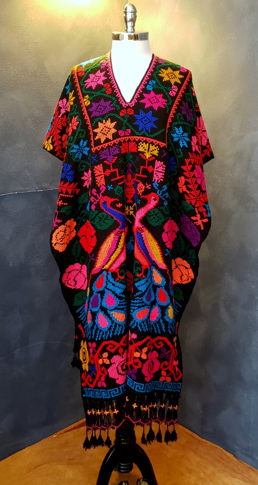 Vintage 70s Colorful Embroidered Boho Fringe Blanket Poncho OS