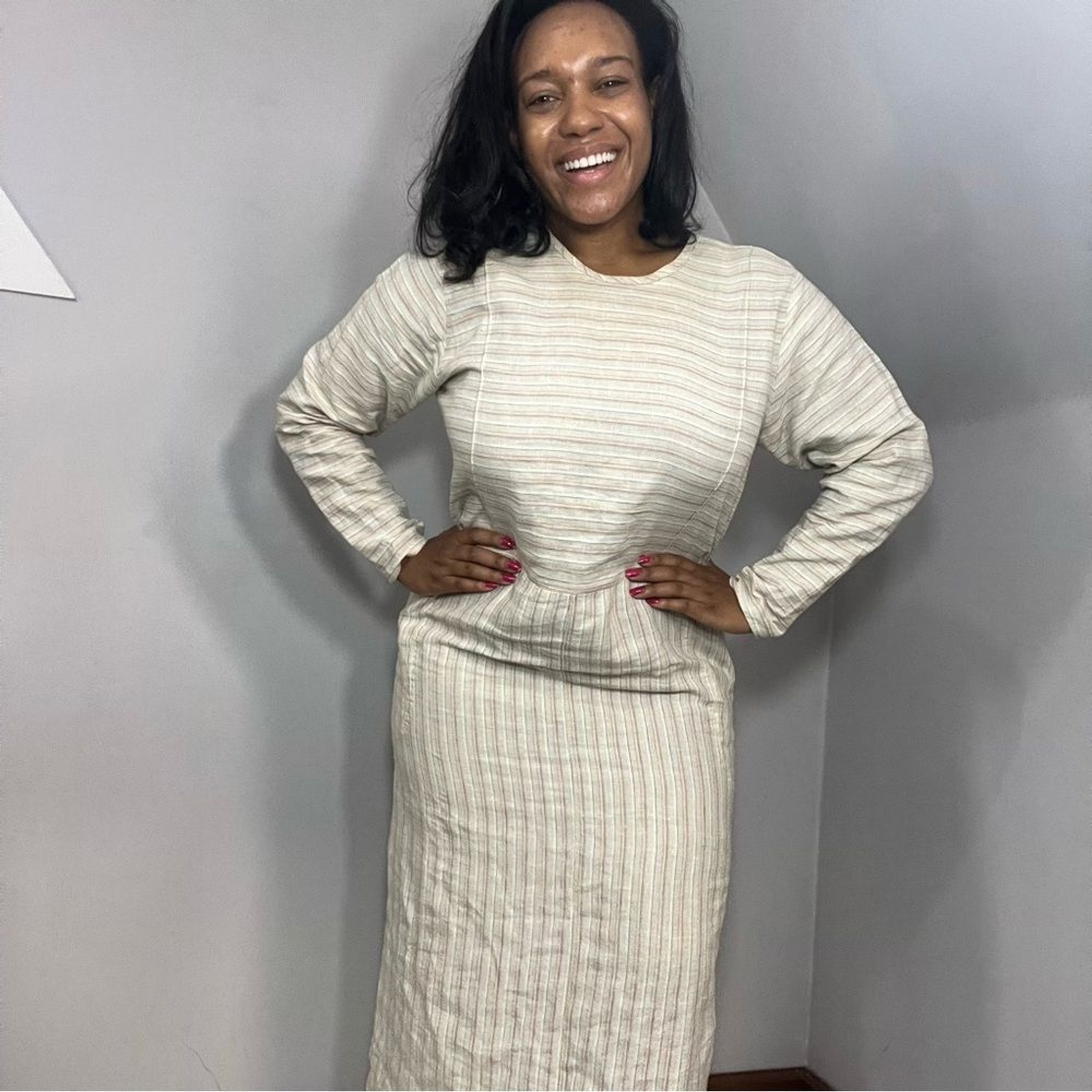 Vintage | FLAX by Jeanne Englehart | Cream Striped Linen Maxi Dress | 70s