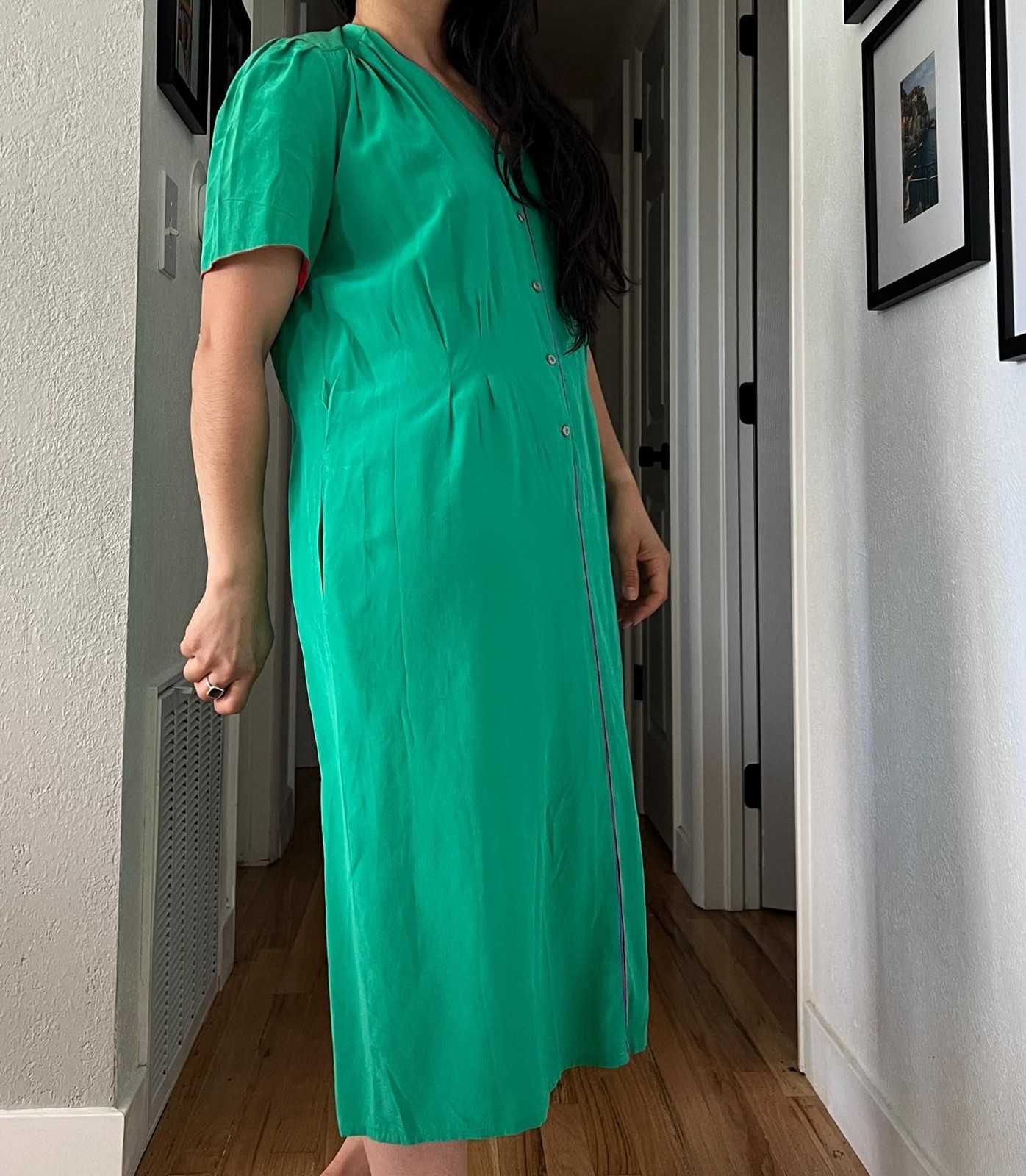 vtg bright green silk midi shift dress size 16 purple red plus work business