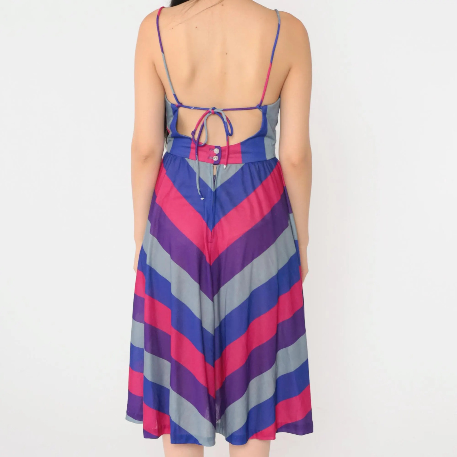80s Sundress Chevron Striped Midi Dress Blue Pink Purple Boho Hippie 1980s Bohem