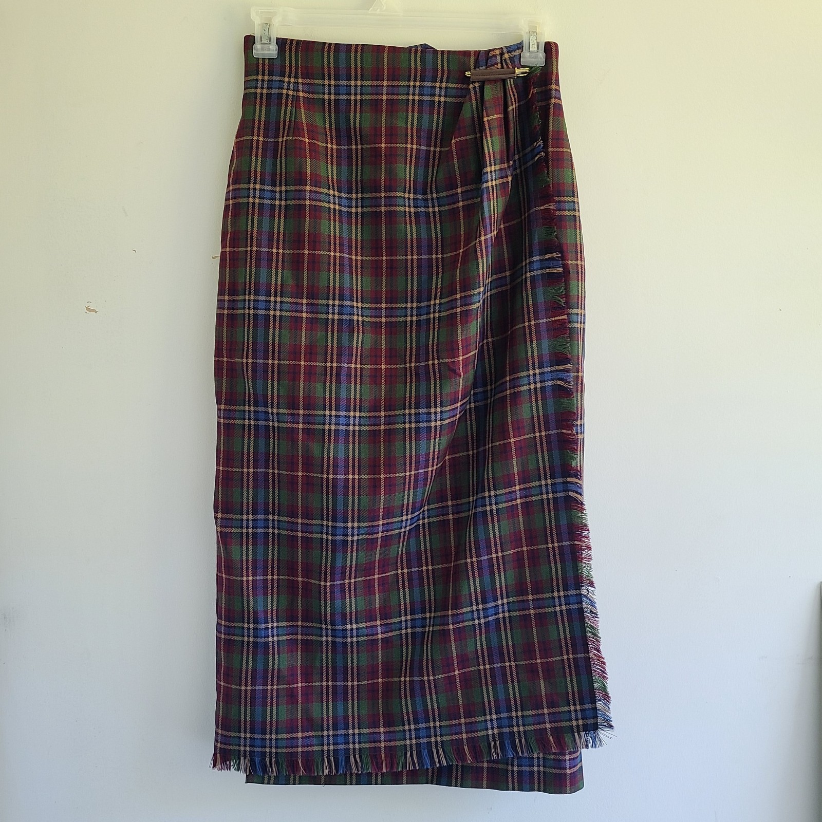 Vintage Faux Wrap Skirt 10 Wst 27.5″ Brown Green Plaid 100% Wool Midi FLAWS