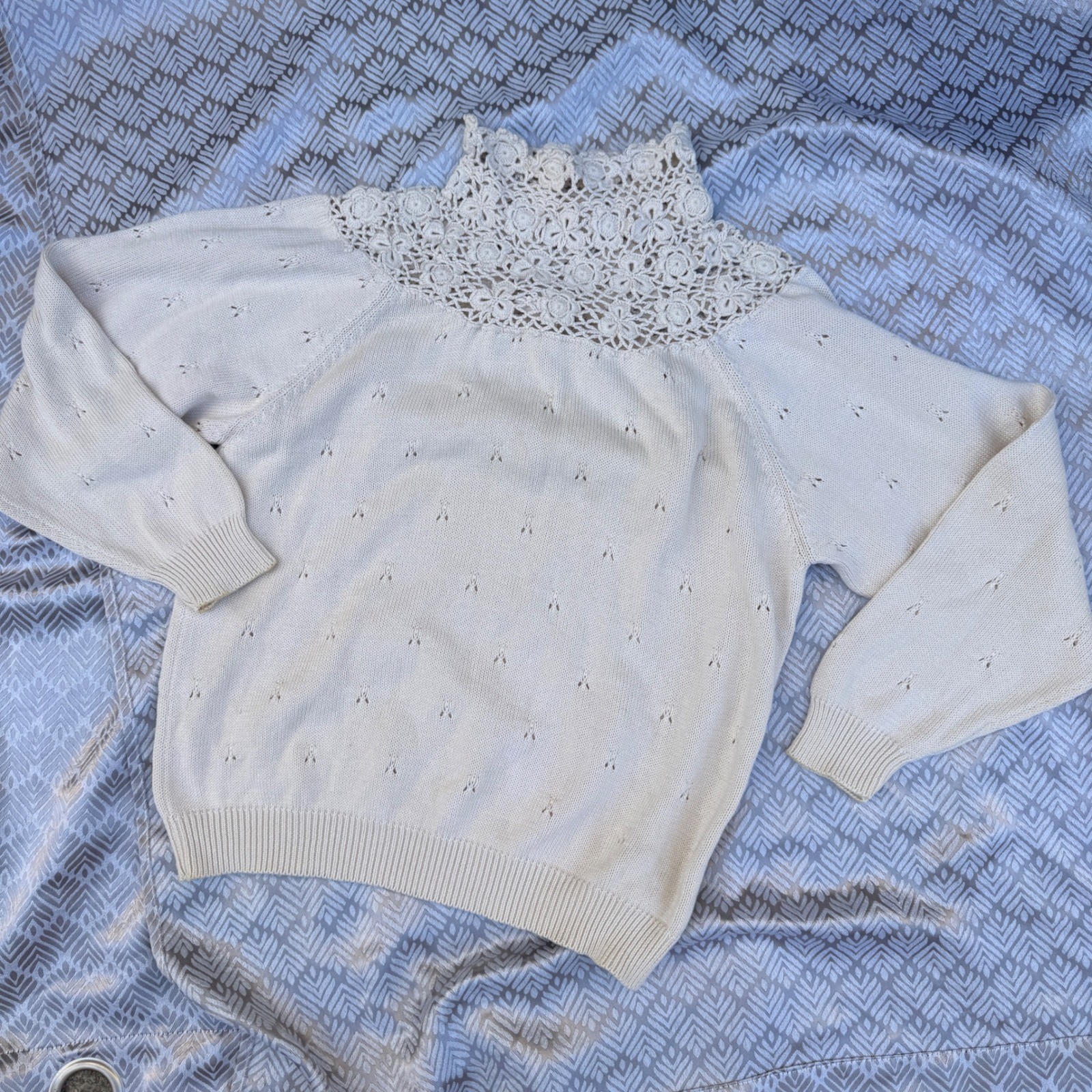 In-Wear Vintage 1980s Sweater Cream Crochet Lace High Neck Pointelle Cotton