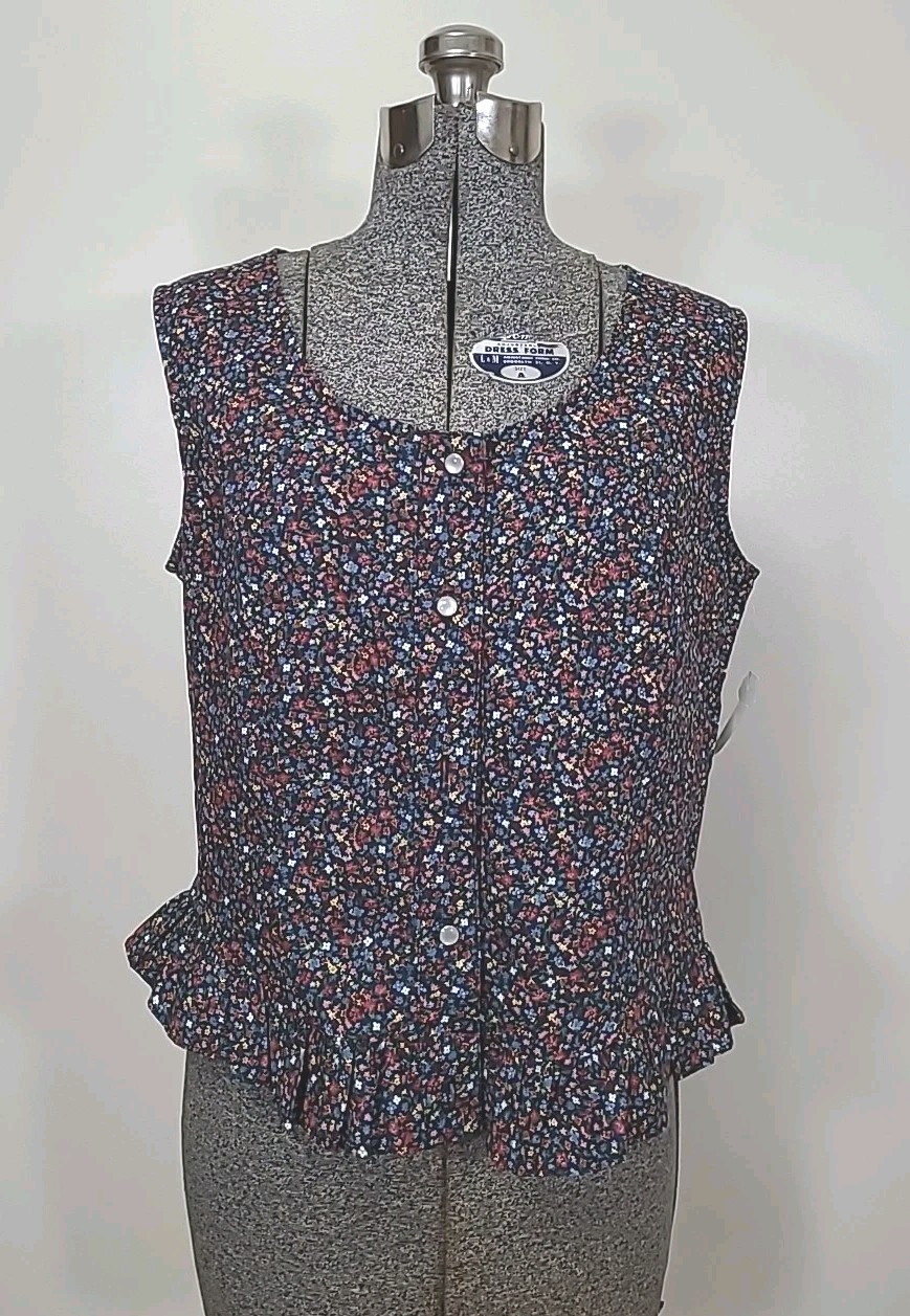 Vtg Banjo Dallas Texas Sleeveless Top Large Ditzy Floral Pearl Button Western