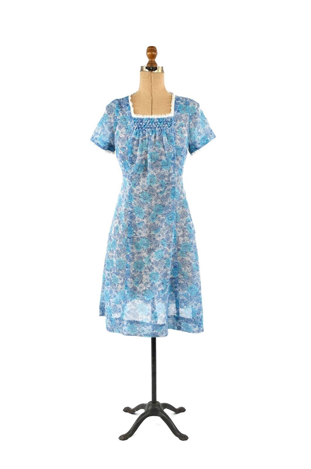 Vintage 50s Semi Sheer Cotton Blue Floral Novelty Print Cottage Prairie Dress M