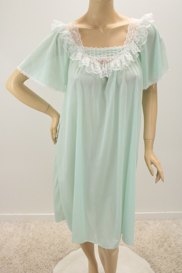 Vintage Carriage Court Nightgown XS S M L Green Nylon Ruffle Lace USA