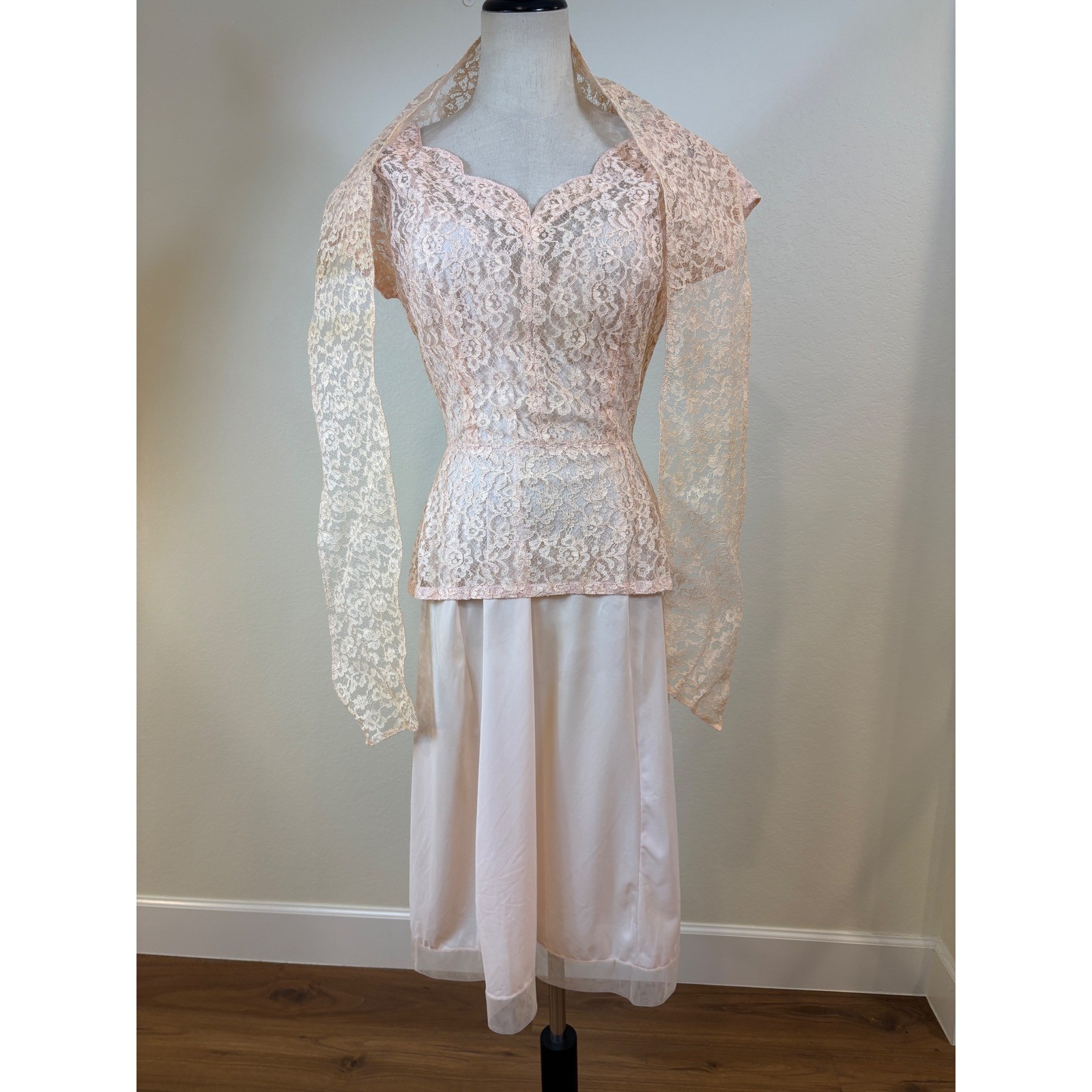 Vtg 50s Lace Top Scarf Slip Set S Pink 3pc Ensemble Romantic Formal cocktail