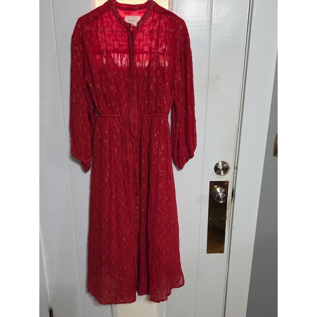 Anthropologie Long-Sleeve Dress Red W/Gold Threading Lined Flowy Gauzy Sz XS EUC