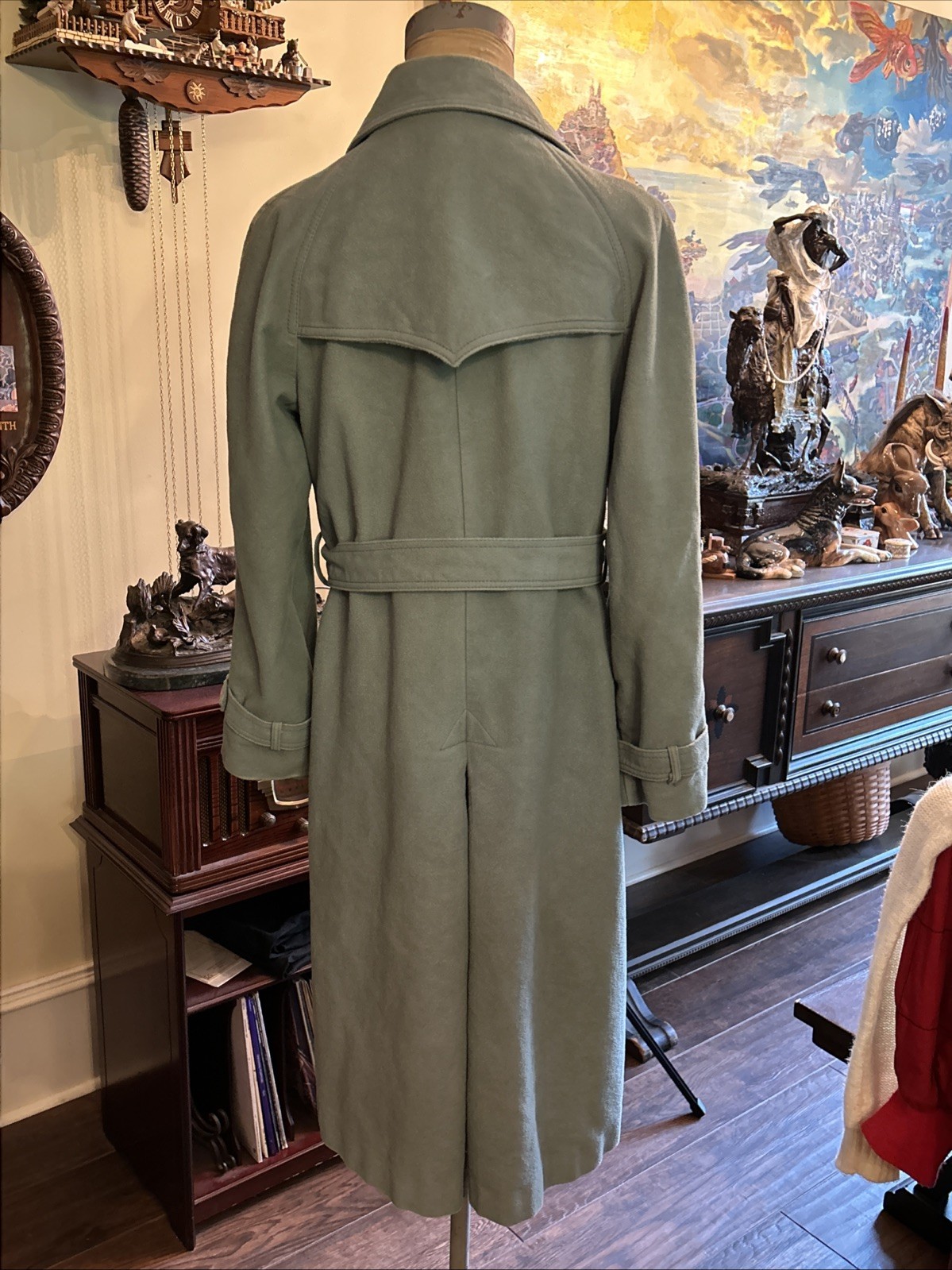 1970’s Outer Banks By Jerold Sage Green Suede Cloth Belted Trench Coat Sz S