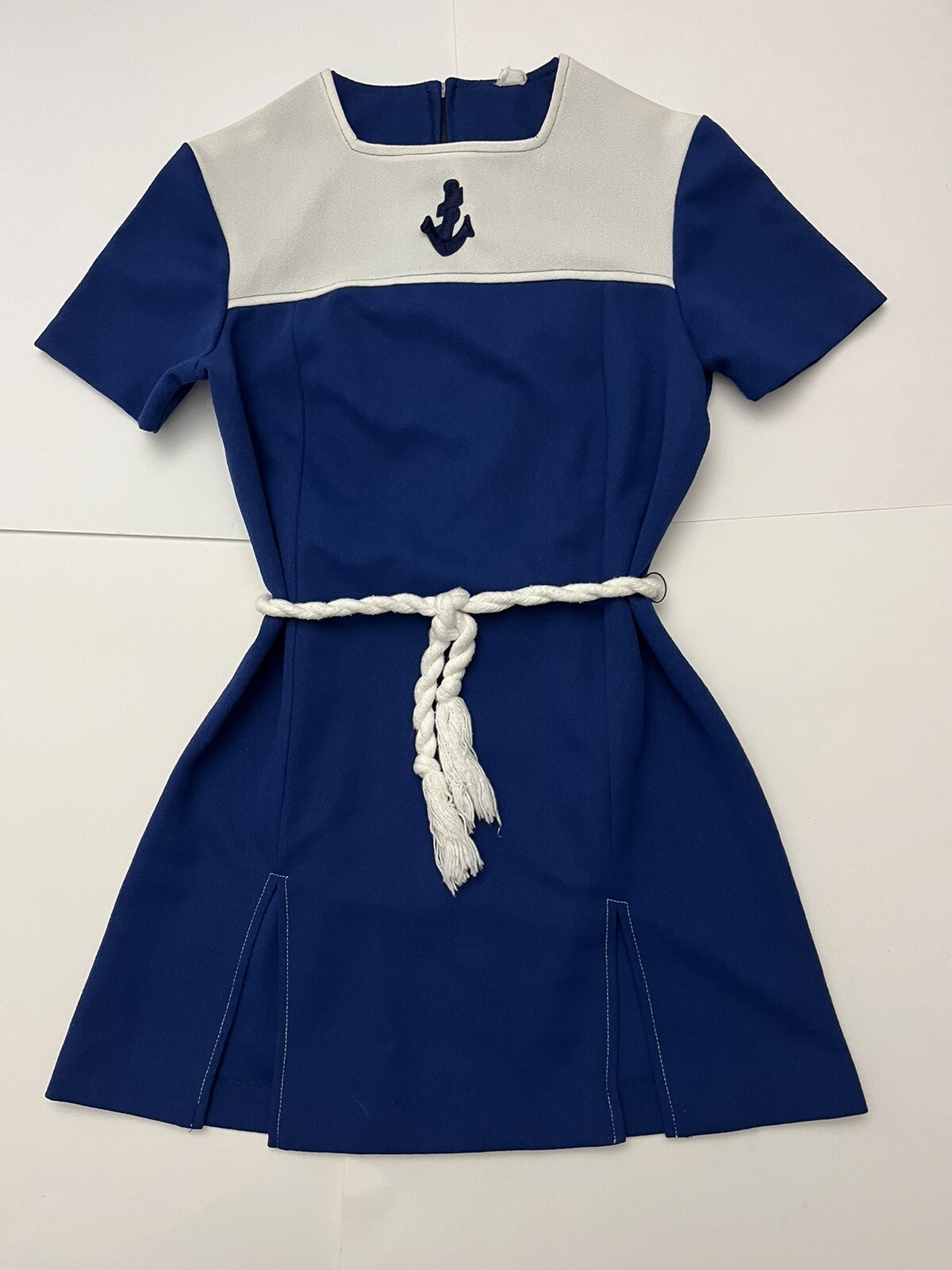 1970s Retro MINI DRESS-Navy Look-Anchor Motif-Side Slits-Braided Rope Belt-Sz 8?