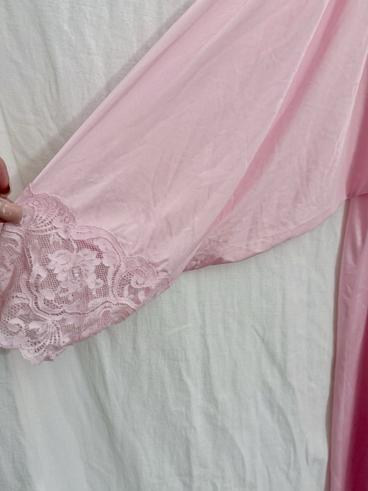 VTG 70s Lily of France Rose Pink Peignoir Robe Lace Dolman Sleeve L Lingerie EUC