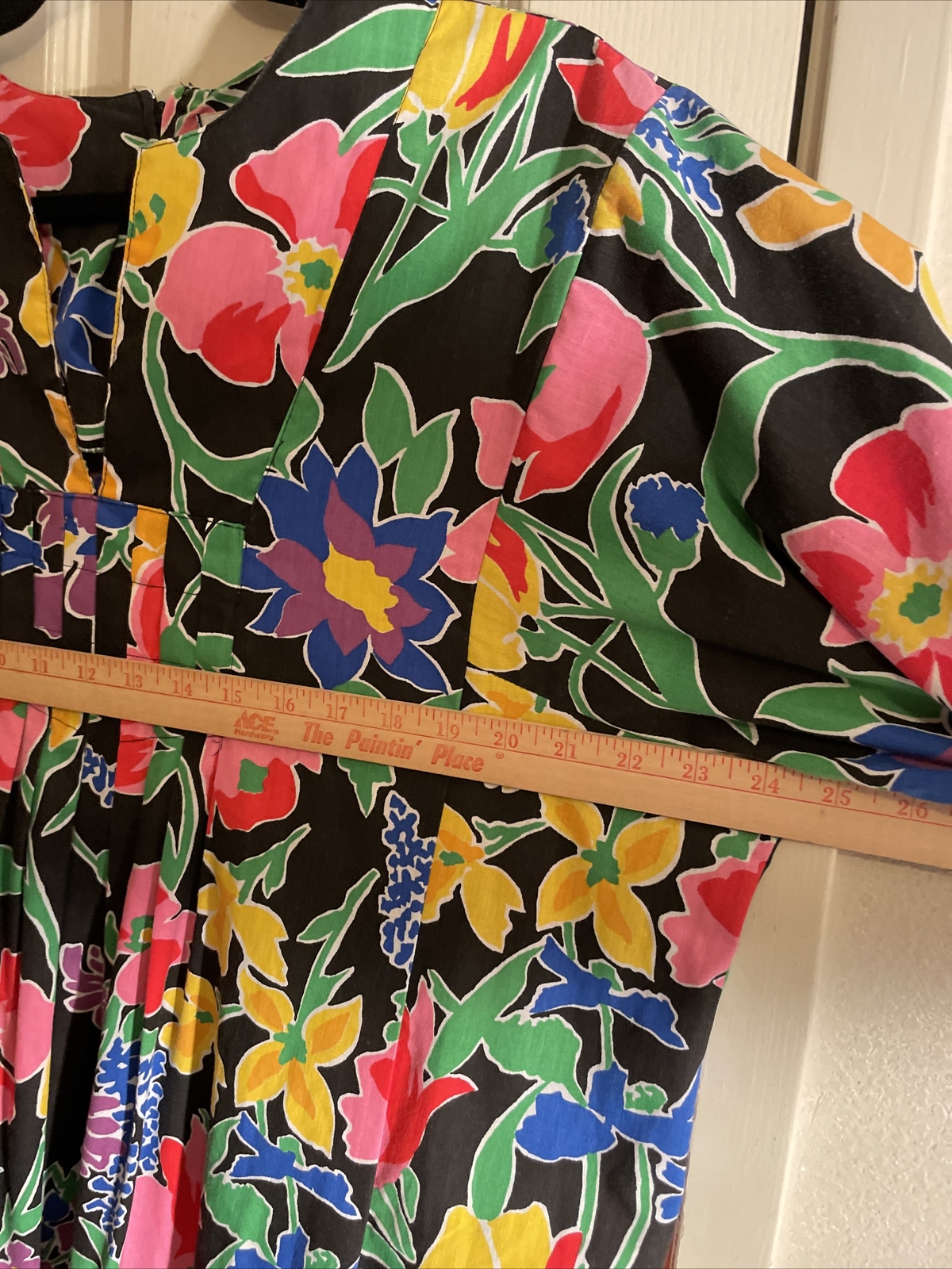 Vintage 70s 80s David Brown, Black Multi Color Flower Hawaiian Print Dress L