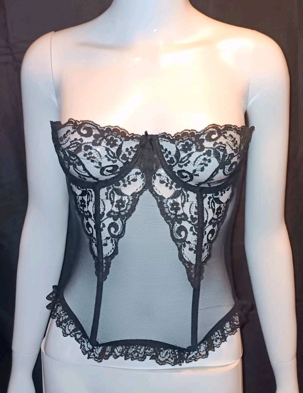 90s Victoria’s Secret Black Sheer Lace Corset Top Boned Bustier Floral 36B VTG