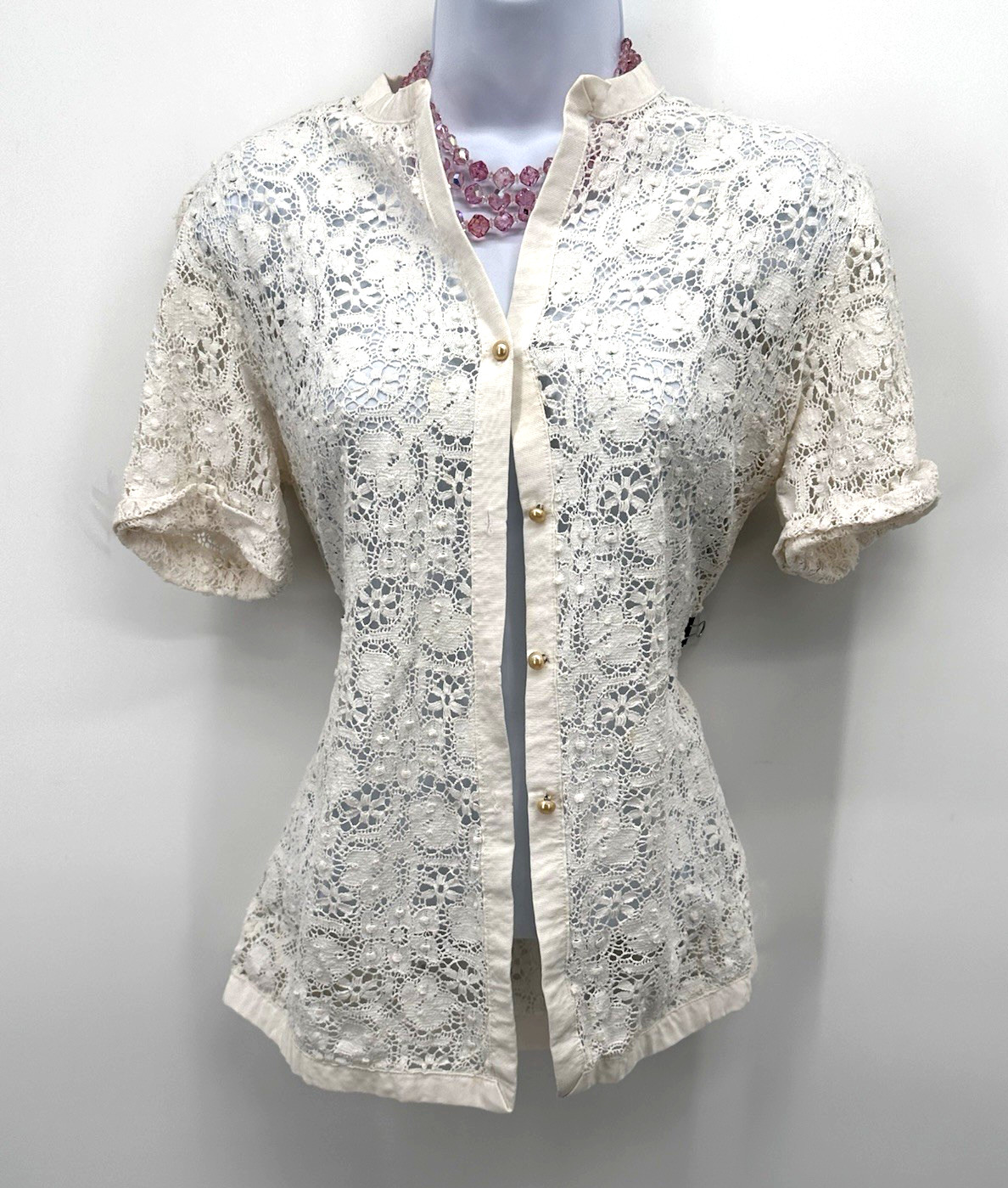 VTG 90s White Lace Blouse Shirt Size Long Sleeve Avon Fashions M rosas embroide
