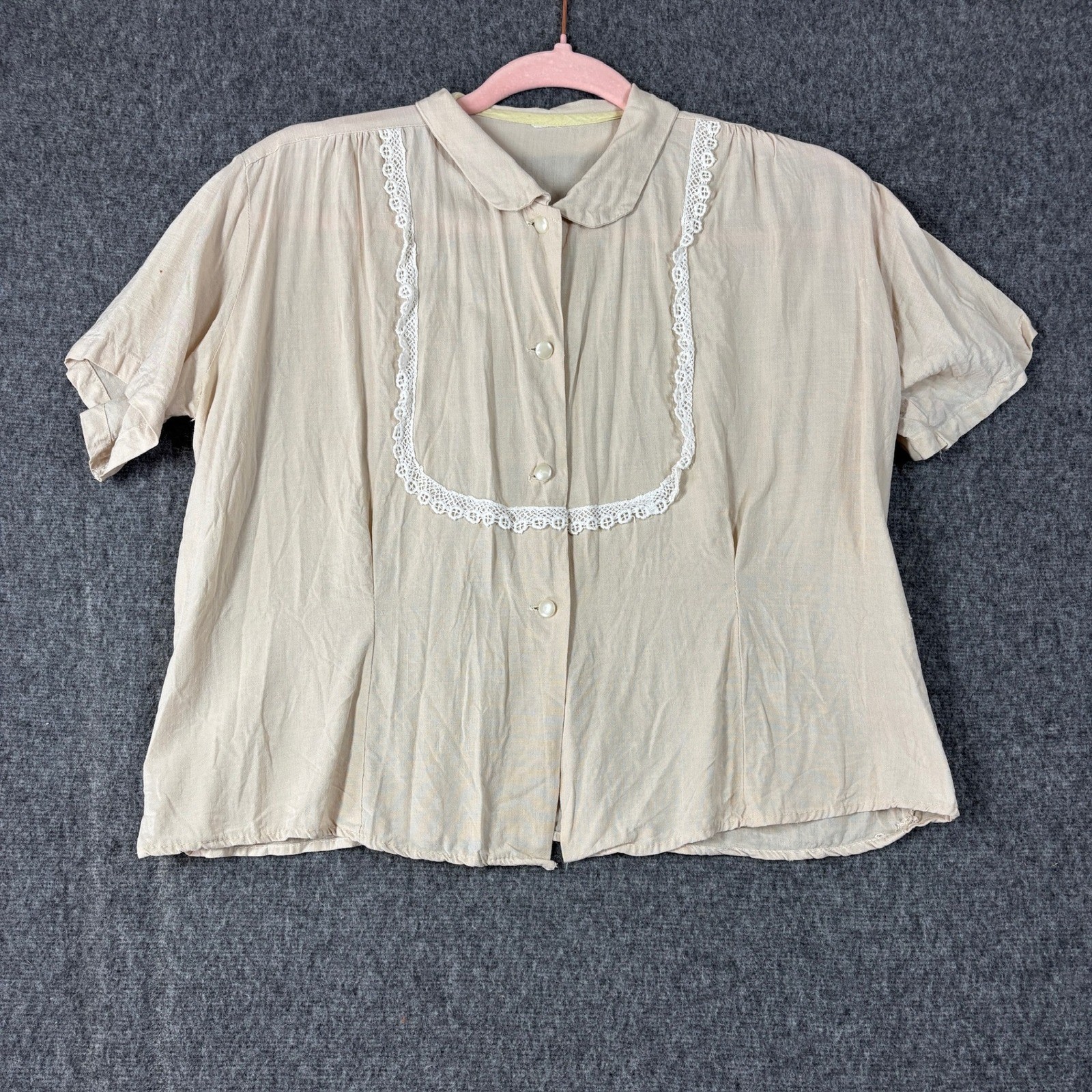 Vintage 50s Beige Short Sleeve Lace Trim Peter Pan Collar Blouse Top Large