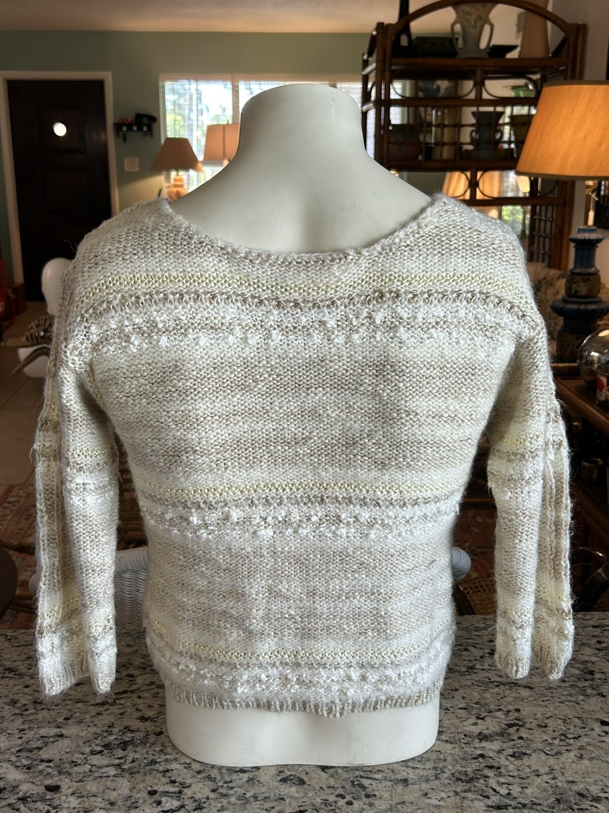 Vintage Beldoch Popper Knit Acrylic Sweater Junior L Women’s S Beige Tan White