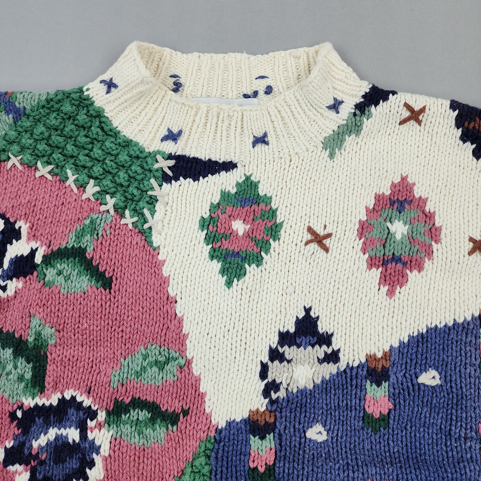 Vtg 80s 90s Paris Sport Club Patchwork Chunky Cropped Sweater Womens M