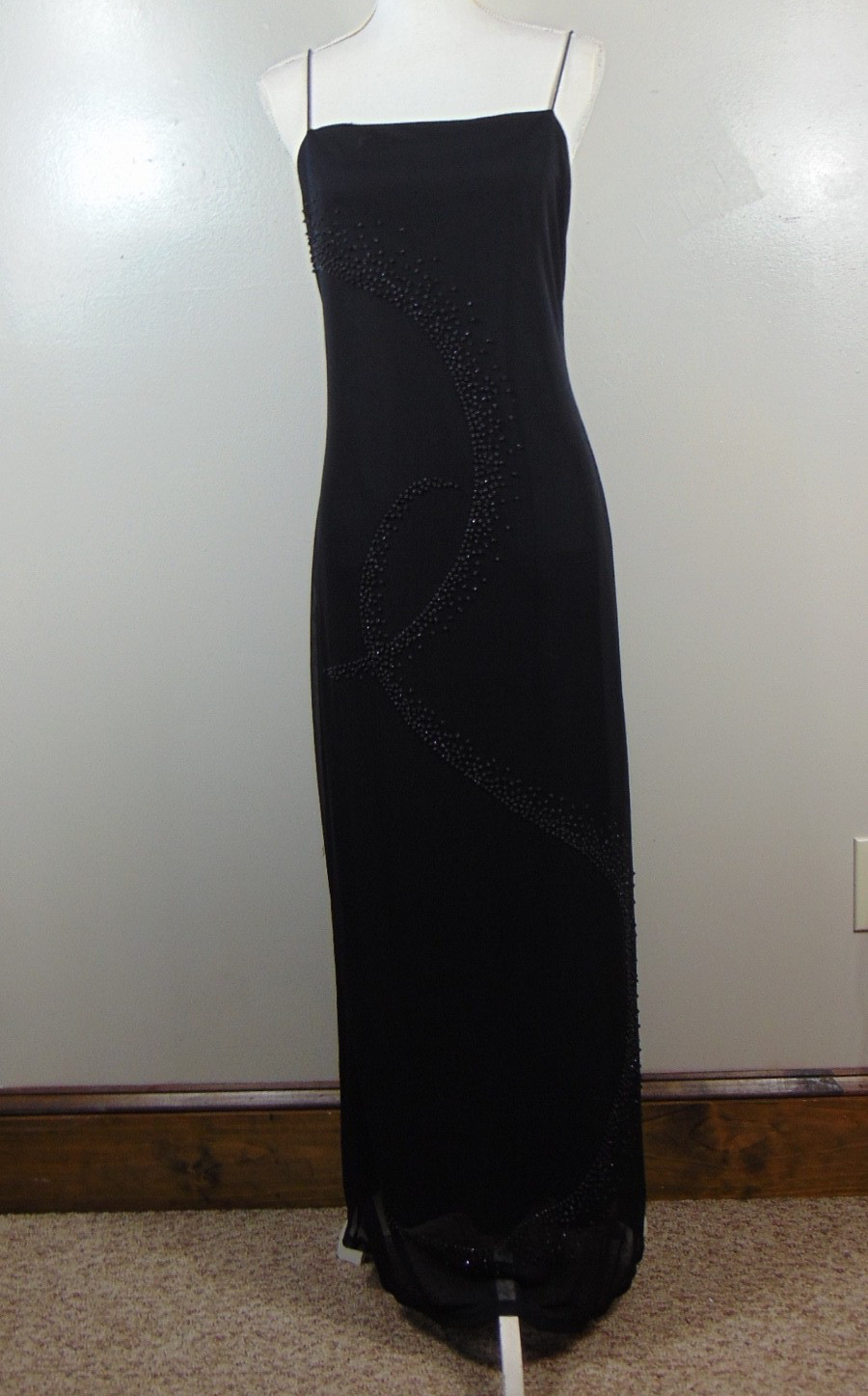 VTG Fashion Bug 90’s Y2K Beaded Mesh Cami Dress Maxi Womens Large Black Gothic