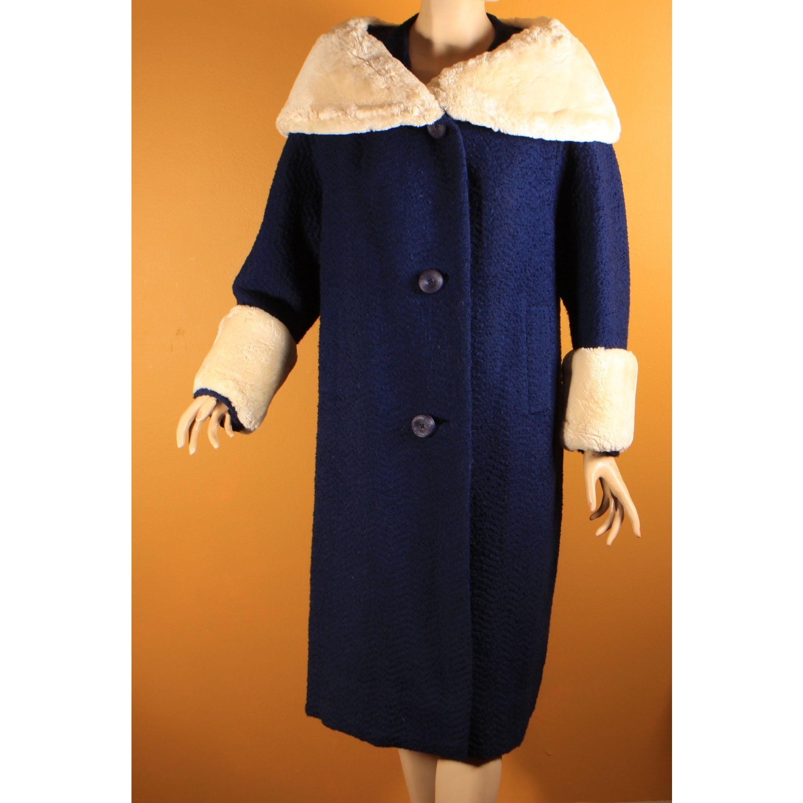 1950s Blue Long Sleeve Cream Sheared Chinchilla Fur Cuff Collar Coat by Adler’s