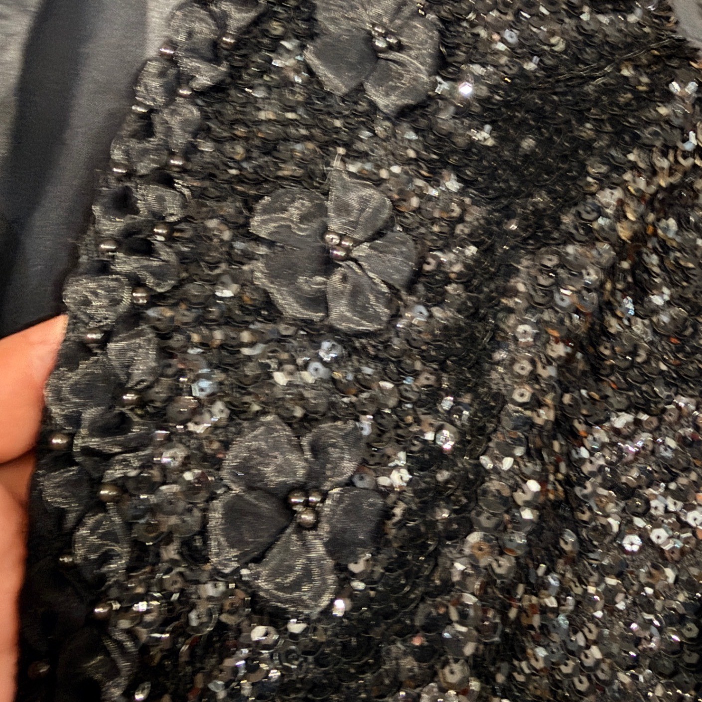 Vintage Black Sequin Vest 3D Floral Beaded Applique Open Front Evening Size 44