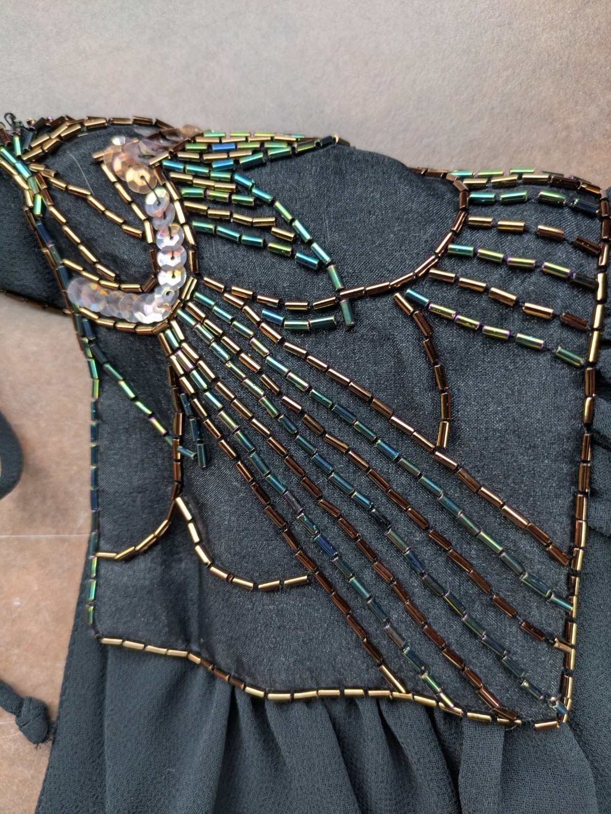 Vintage 80s Casadei Dress Black Hi Lo Hem Ruched Beaded Shoulders Sz 6